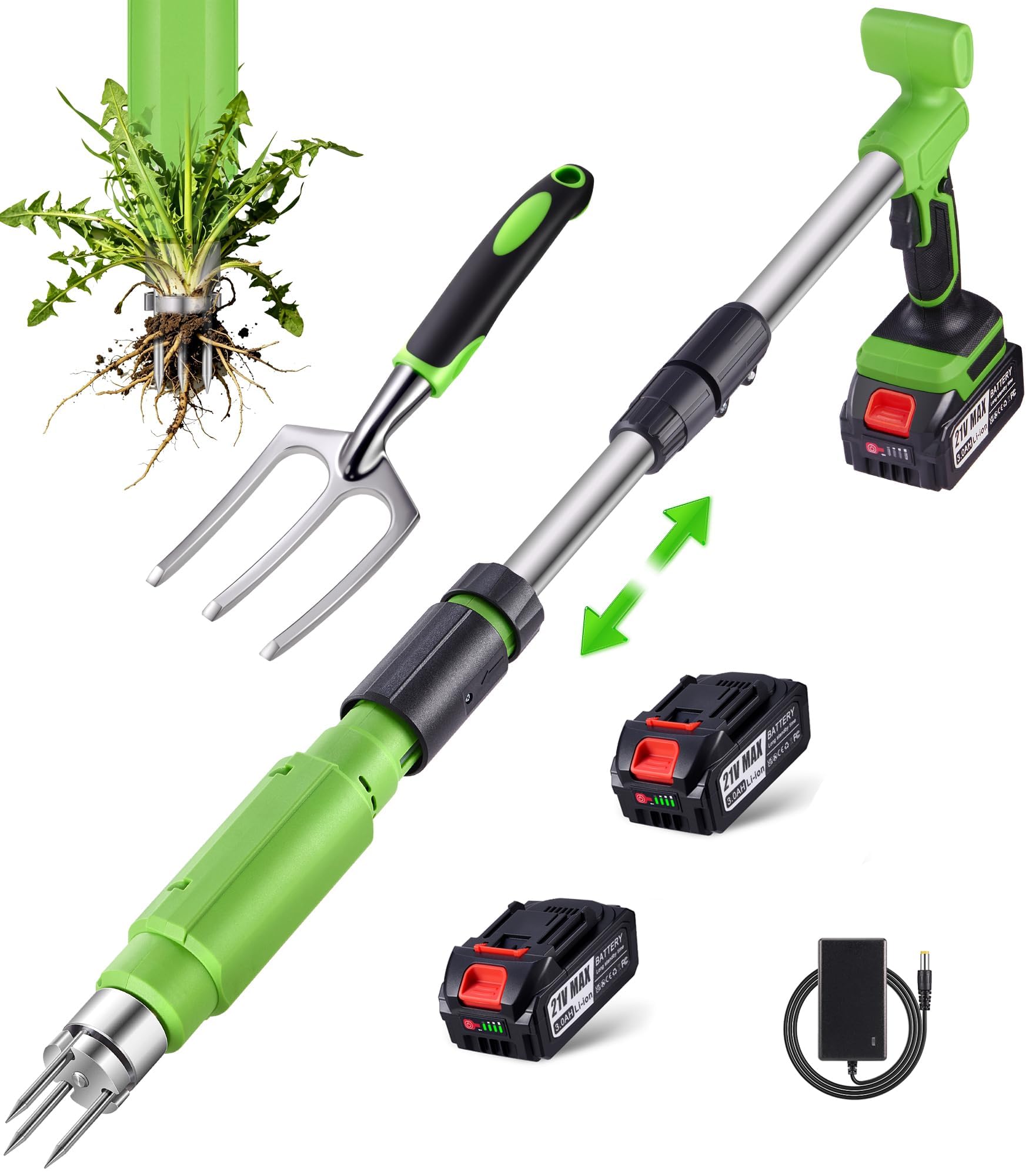 Elektrischer Unkrautstecher, 21V Akku Stand-Up Unkrautentferner Löwenzahnstecher, verstellbarer Griff, Stahlkopf mit 3 Zinken, Unkrautzieher für den Garten, tolles Geschenk für Mama, Papa, Oma und Opa
