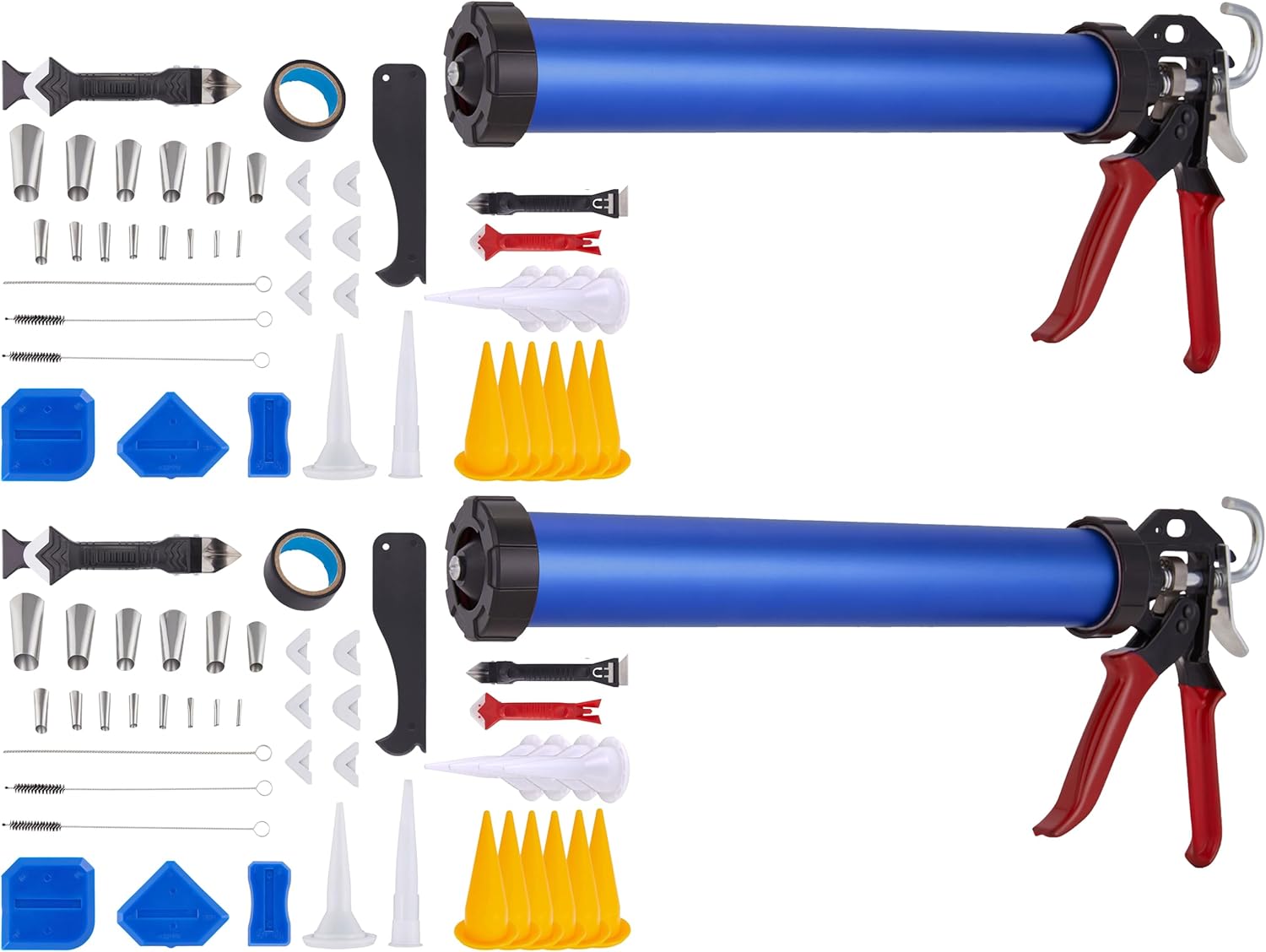 Right Hand 2 Pack Sausage Caulking Gun Manual 20 oz Leakproof Cylinder Dispenser for Glue Adhesive & Sealant with 10 Cone Nozzles, 64 Pc. Trowel & Scraping Tools Easy, Soft Grip Handle & Ladder Hook