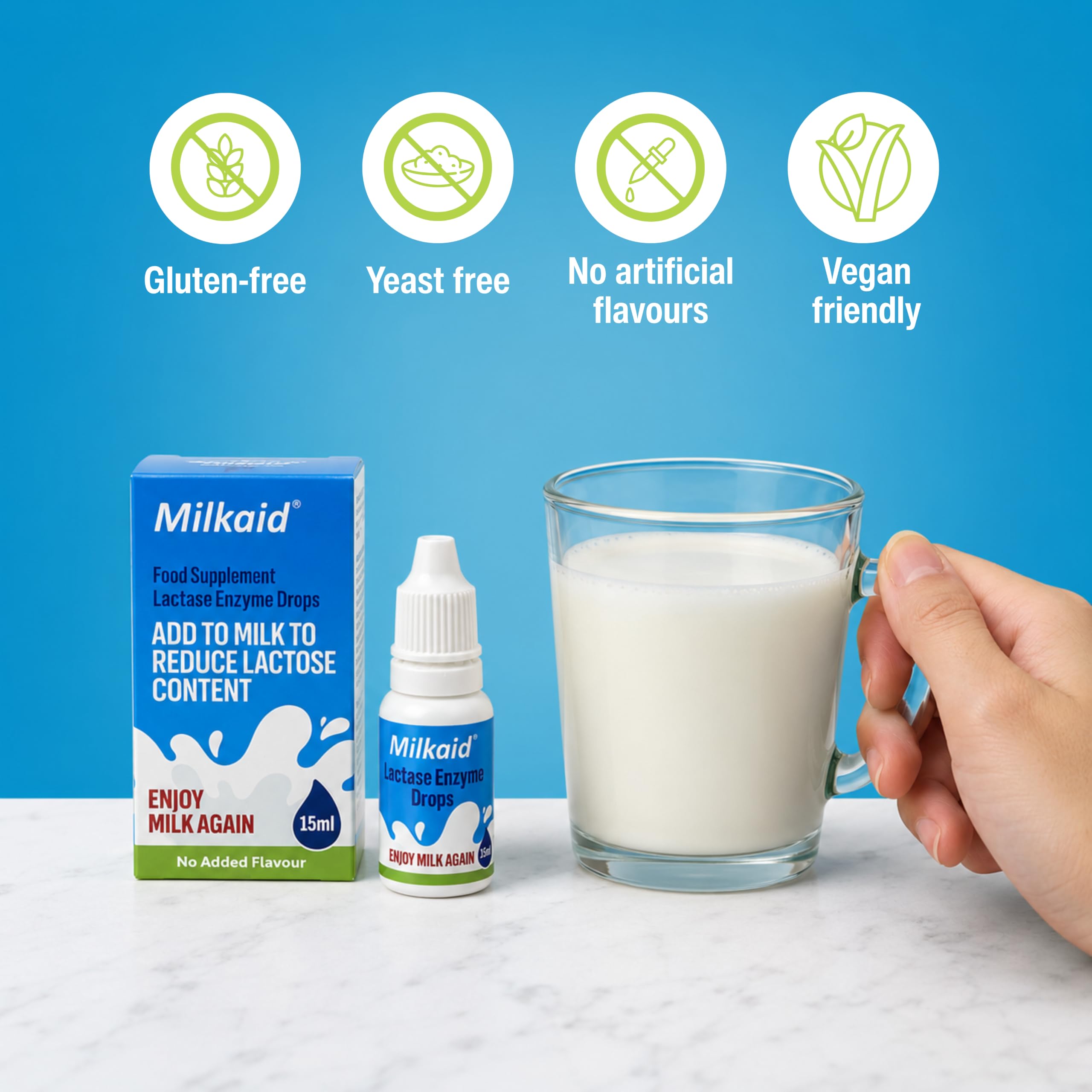 Milkaid Lactase Enzyme Drops for Lactose Intolerance | Prevents Gas, Bloating & Diarrhea | Fast Acting Dairy Digestive Supplement | Gluten Free & Vegetarian | No Artificial Flavor | 0.5 Fl Oz (1) — Amazon image 2