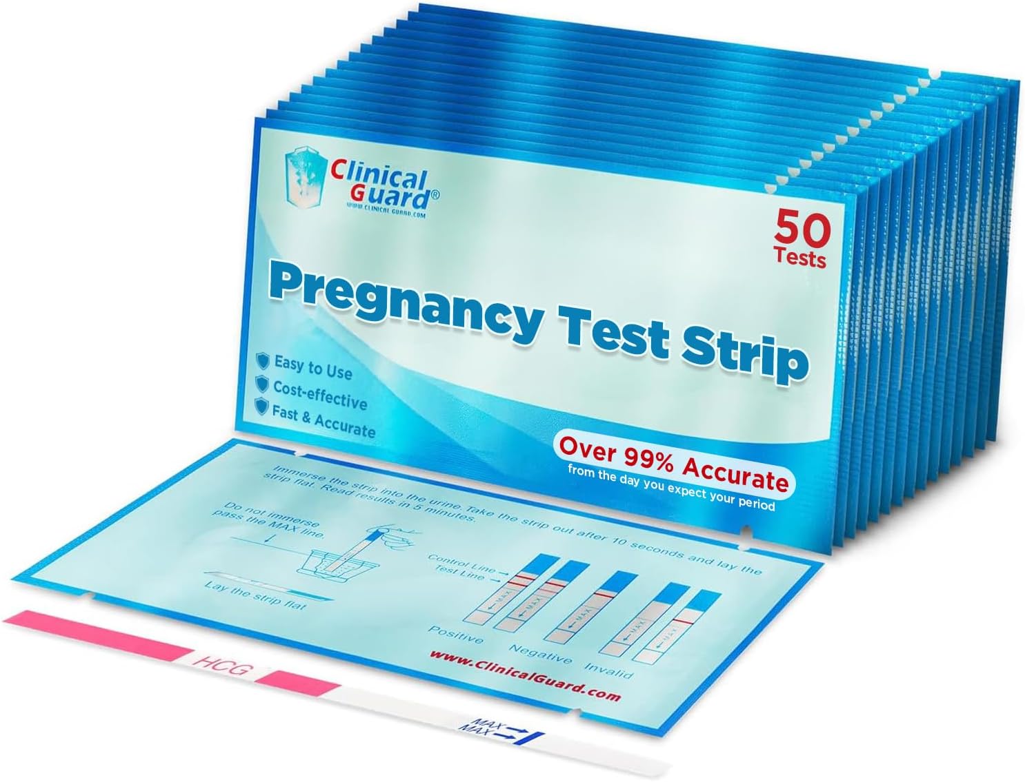 Clinical Guard 50 Pregnancy Test Strips - Sensitive & Accurate Measurement Within 5 mins - Early Detection Pregnancy Test Strip - Easy to Use for Home Tests - HCG Test Strip Kit