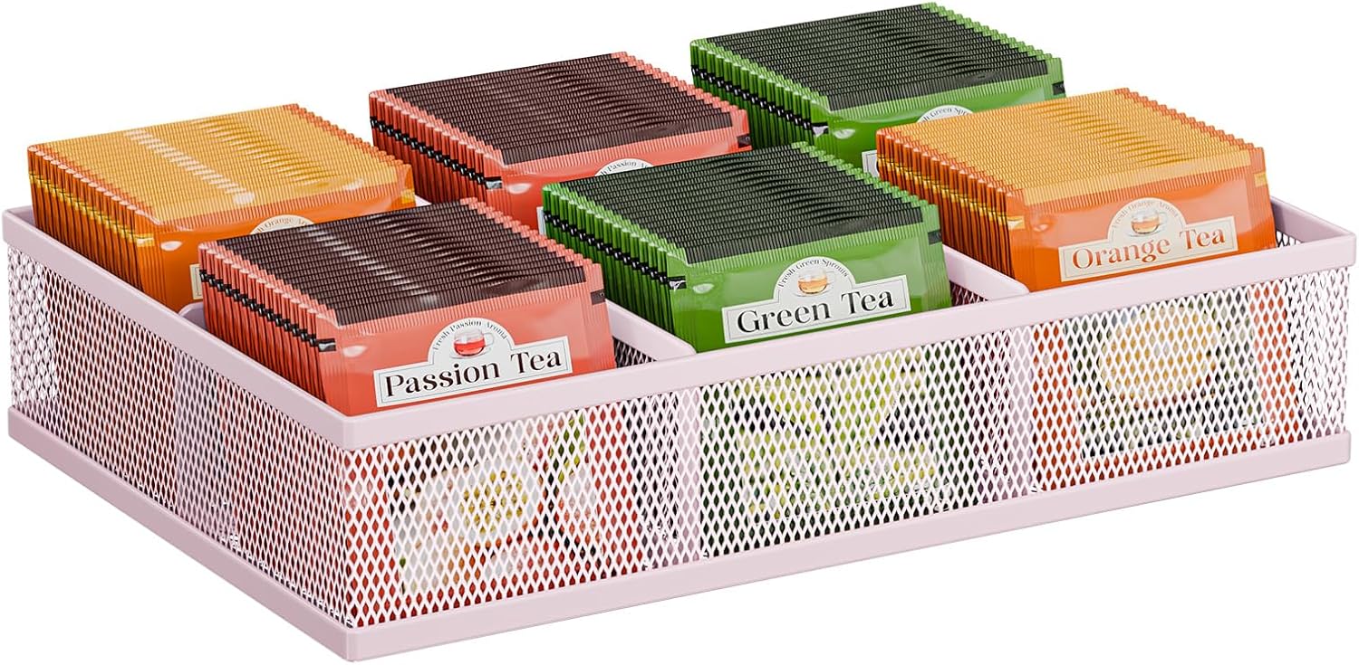 Tea Bag Organizer 6 Grids. Mesh Tea Bag Holder with Handle, Teabag Holder, Tea Station Organizer for Countertop, Pantry, Kitchen, Cabinet - Pink