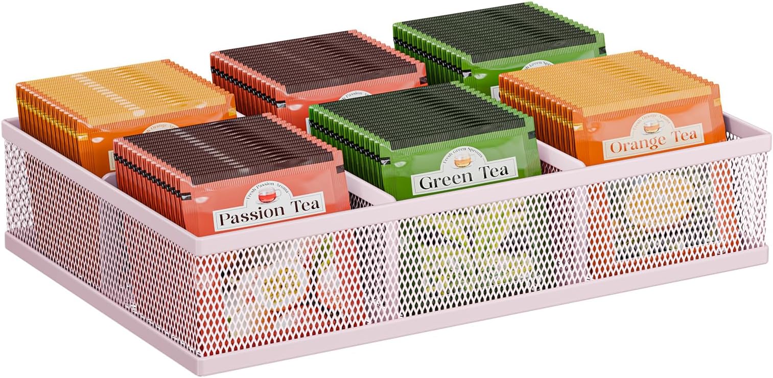 Tea Bag Organizer 6 Grids. Mesh Tea Bag Holder with Handle, Teabag Holder, Tea Station Organizer for Countertop, Pantry, Kitchen, Cabinet - Pink