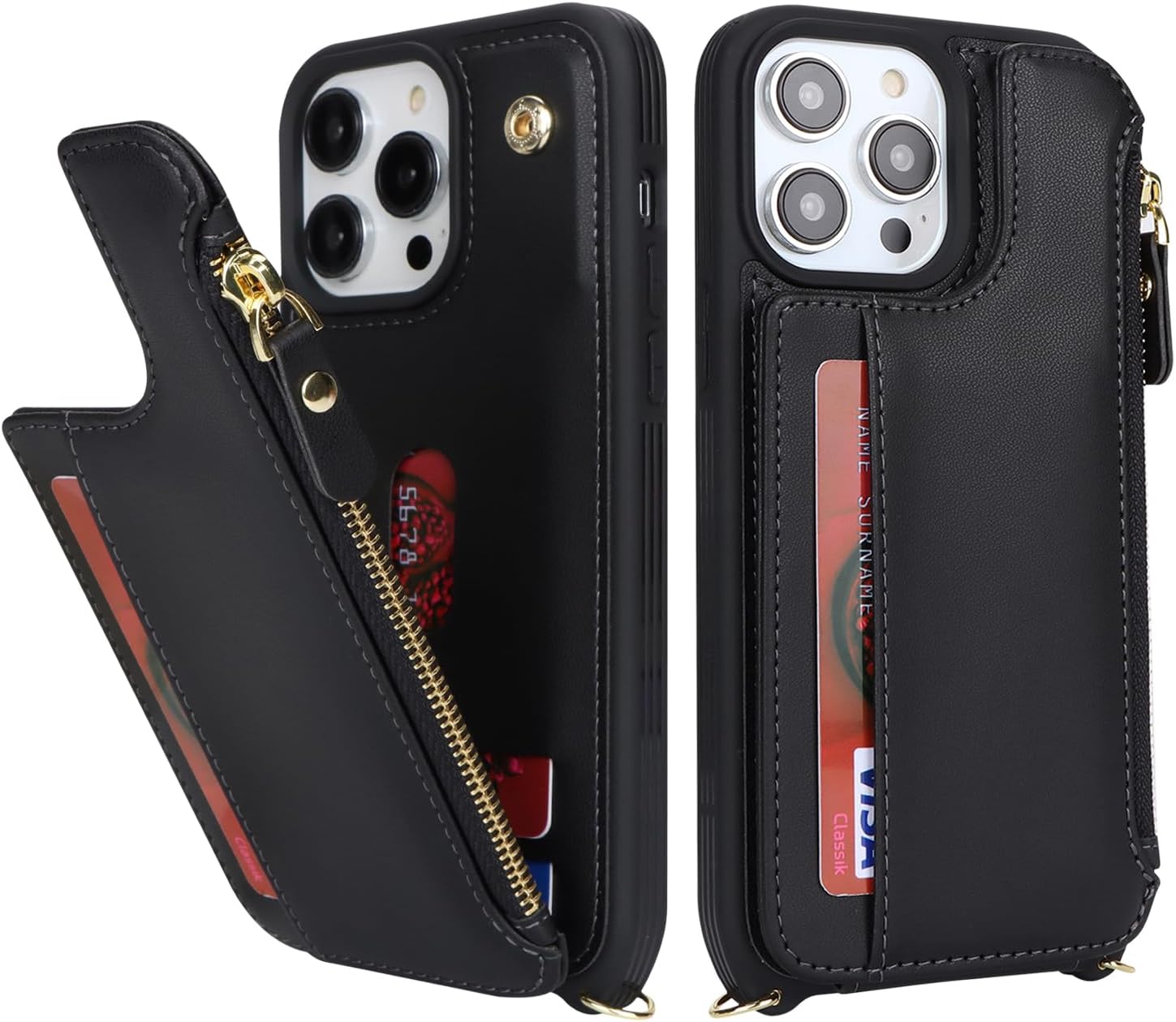 Cavor for iPhone 13 Pro Max Wallet Case with Card Holder for Women,for iPhone 12 Pro Max Case with Strap,Crossbody and Wristlet Zipper Pocket Phone Cover-Black - Image 5