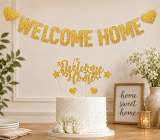 SVM CRAFT® Gold Glitter Welcome Home Cake Topper and banner - Home Party Decoration - Welcome Sign - New Home/New Baby/Retiring from The Army/Return from Maternity Party Decoration