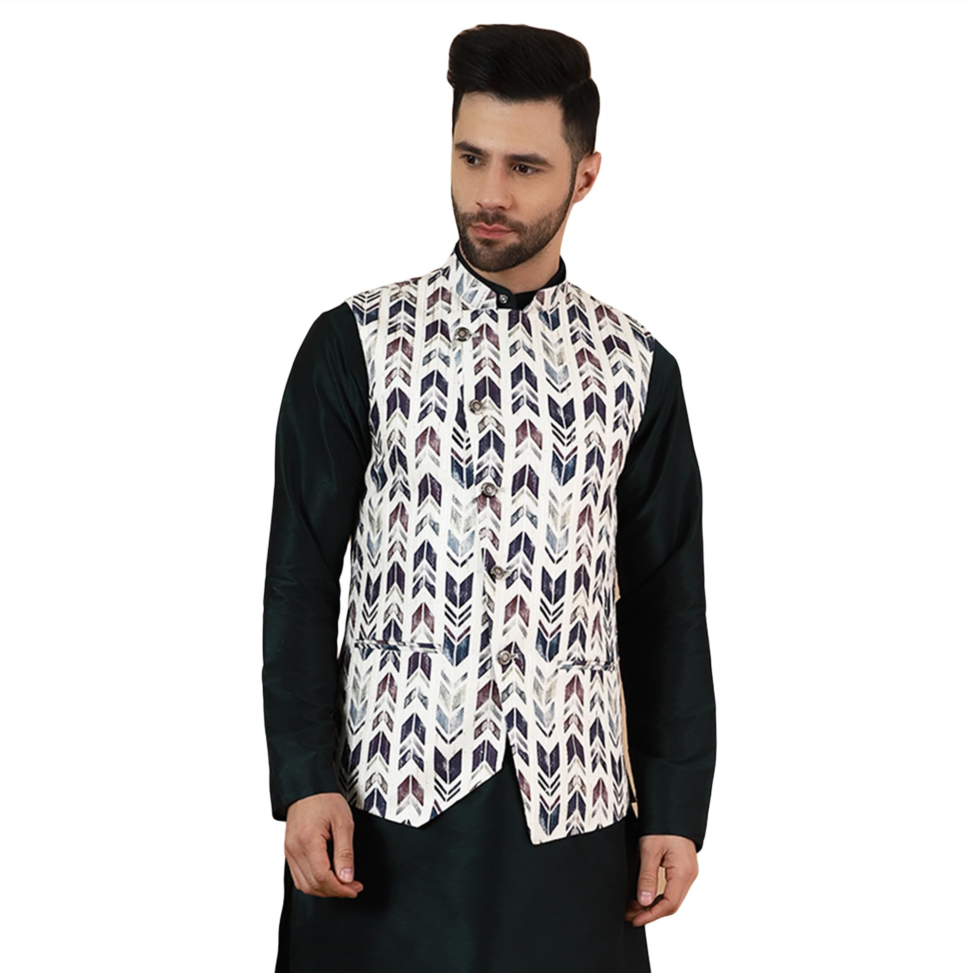 wintage Men's Digital Print Cotton Silk White Modi Nehru Jacket-picture-49