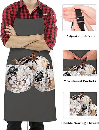 Miniatura 3 de Thanksgiving Fall Bib Aprons with Pockets Waterproof, Adjustable Apron for Men Women Pumpkin Harvest Floral Botanical Grey