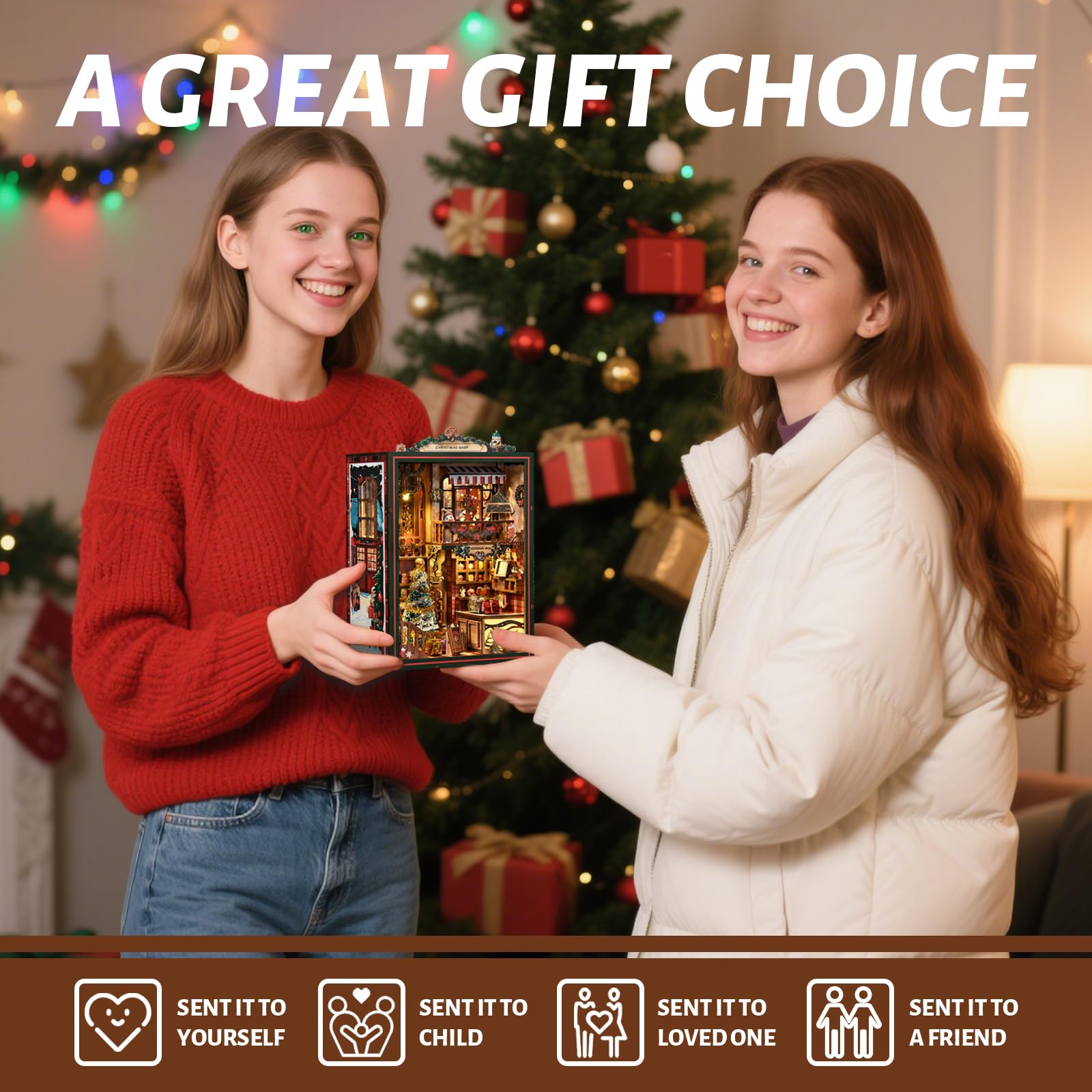 Kit per angolo del libro di Natale, fai da te in miniatura, casa delle bambole 3D, puzzle in legno, libreria, decorazione con carillon a LED, regalo di Natale per adulti e ragazzi - Negozio di Natale