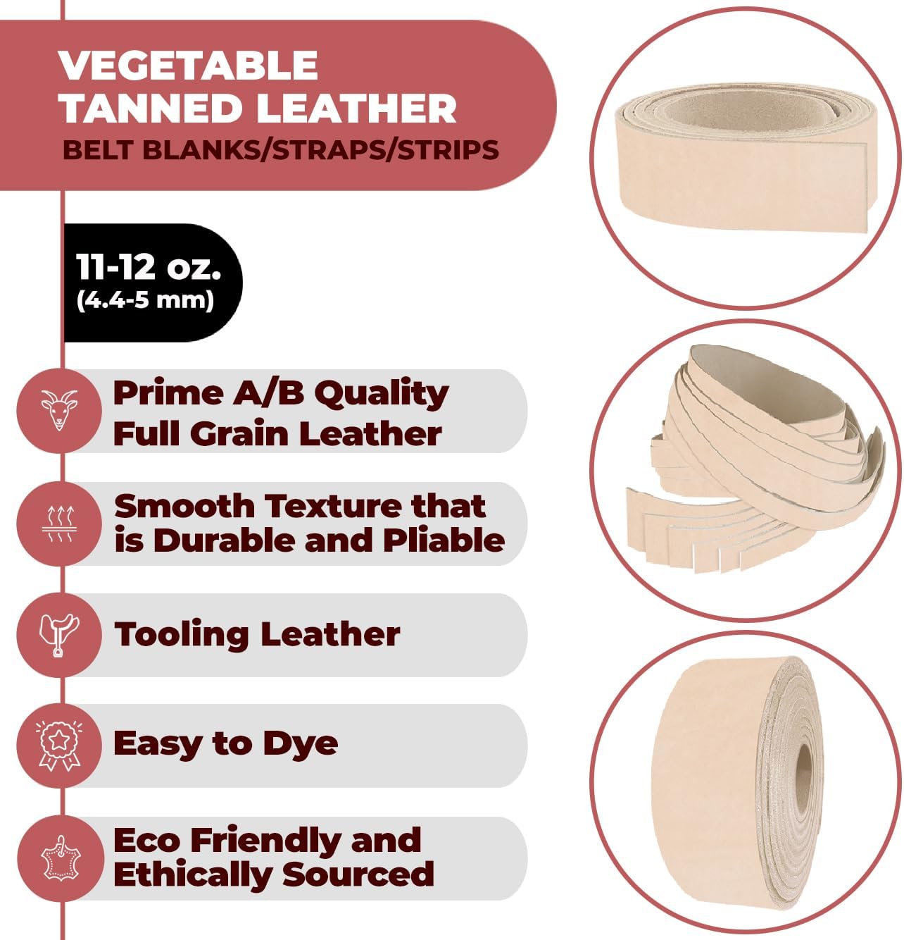 ELW Leather Blank Belt 11-12 oz (4.4-5mm) Thickness - Size 1-1/2"x50" (3.81x127cm) Cowhide Vegetable Tanned, Full Grain Strip, Strap, Ideal for DIY Belt, Tooling, Crafting & Stamping