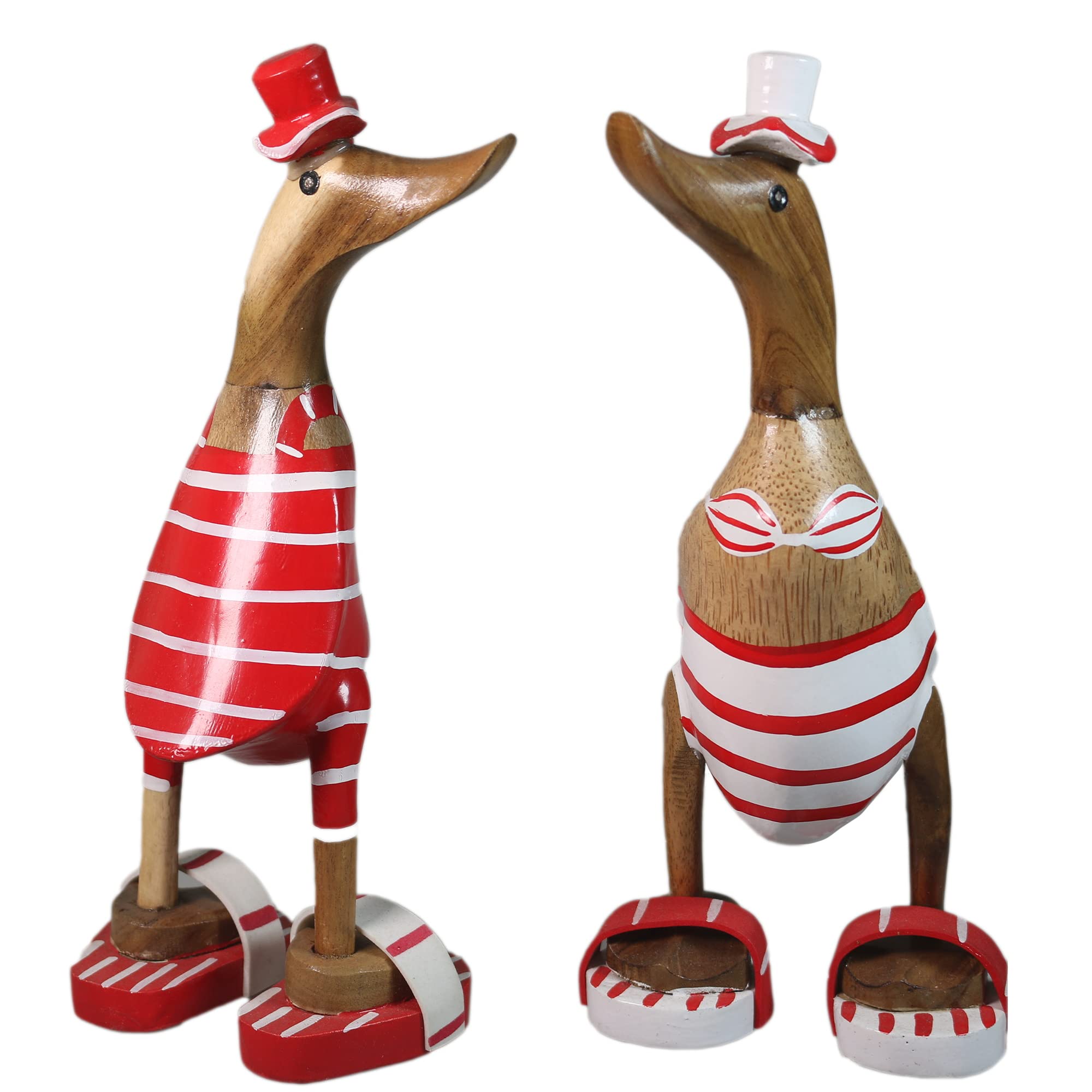 ART-CRAFT Lot de 2 figurines de canard en bois - Décoration de jardin - Racine de bambou et teck - Rouge - Bikini - 25 cm de haut - Peint à la main