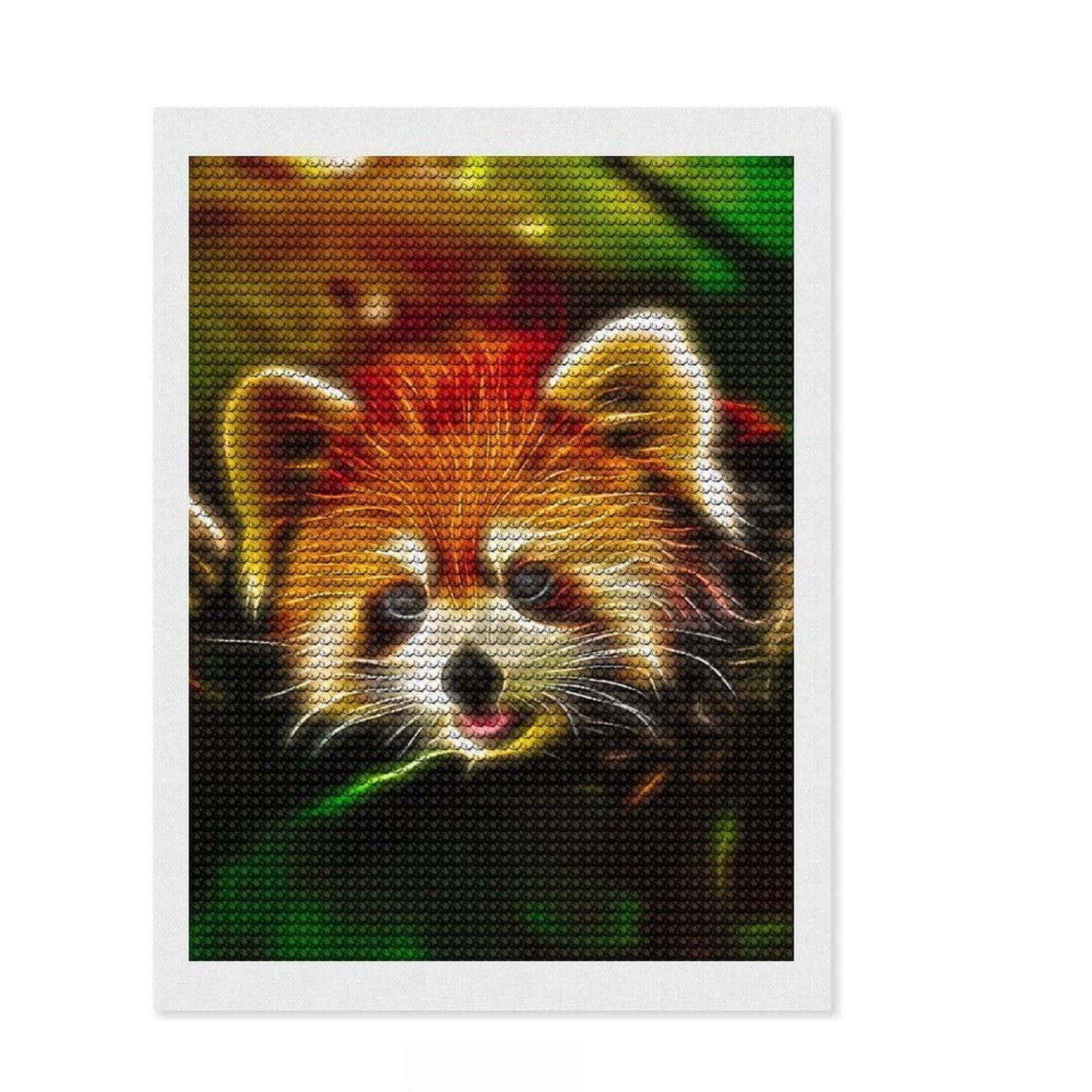 Junmoney Red Panda Fractal Diamond Art Canvas 12"x16", Satisfying Creative Project, Sparkling Round Gems, Stress Relief Craft, Office Decor