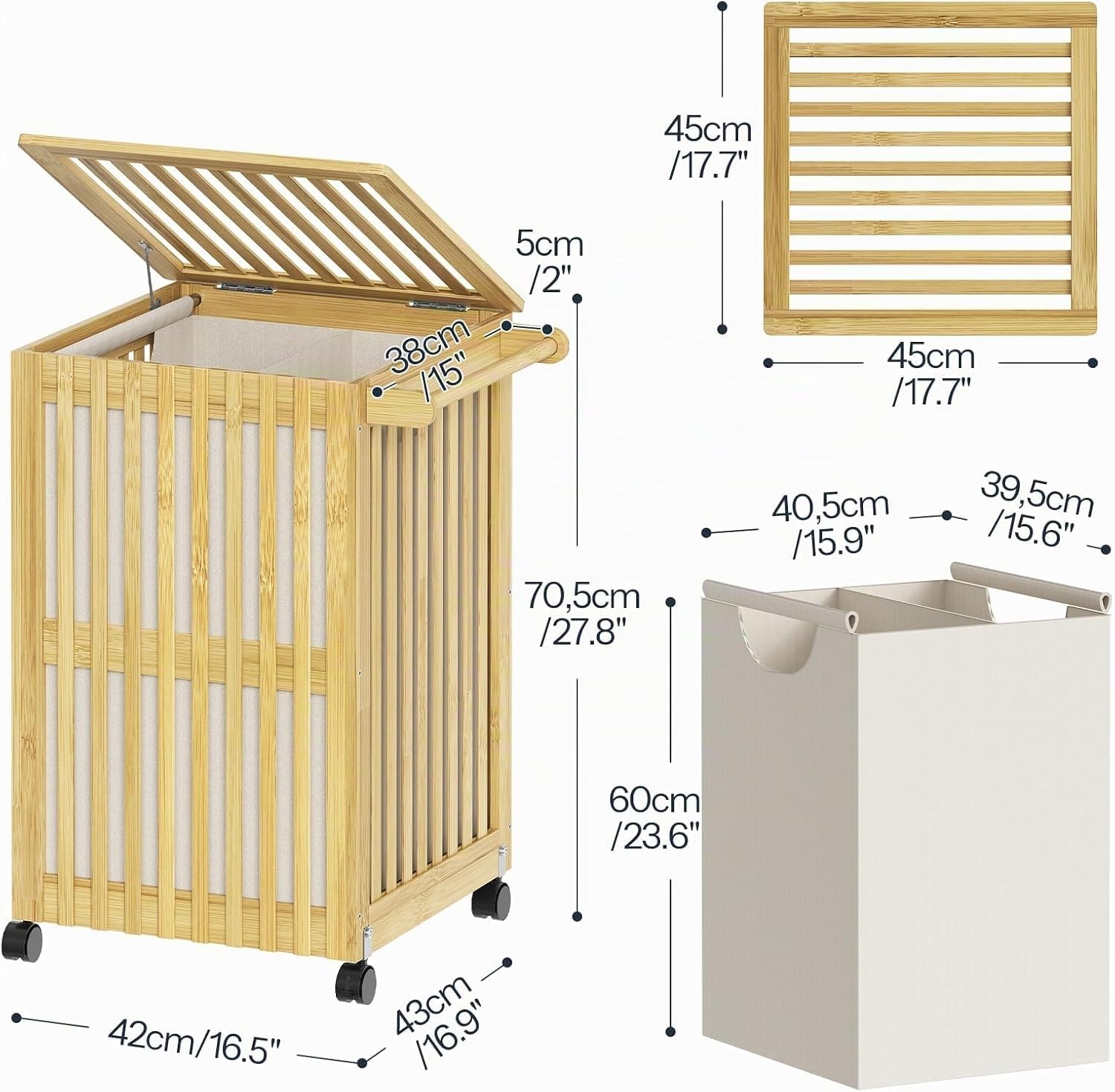 HOOBRO Rollbarer Wäschesammler aus Bambus, 120 L Wäschekorb mit Deckel und herausnehmbarem Beutel, Wäschekorb mit 2 Fächern, für Schlafzimmer, Bad und Waschküche, Natur EYL60XY01
