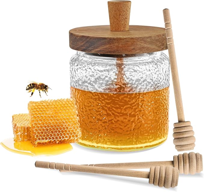 17oz Honey Jar with 3 Wooden Dippers,Glass Honey Pot Container Dispenser,Clear Glass Honey Container for Home Kitchen,Store Honey and Syrup,Easy to Clean