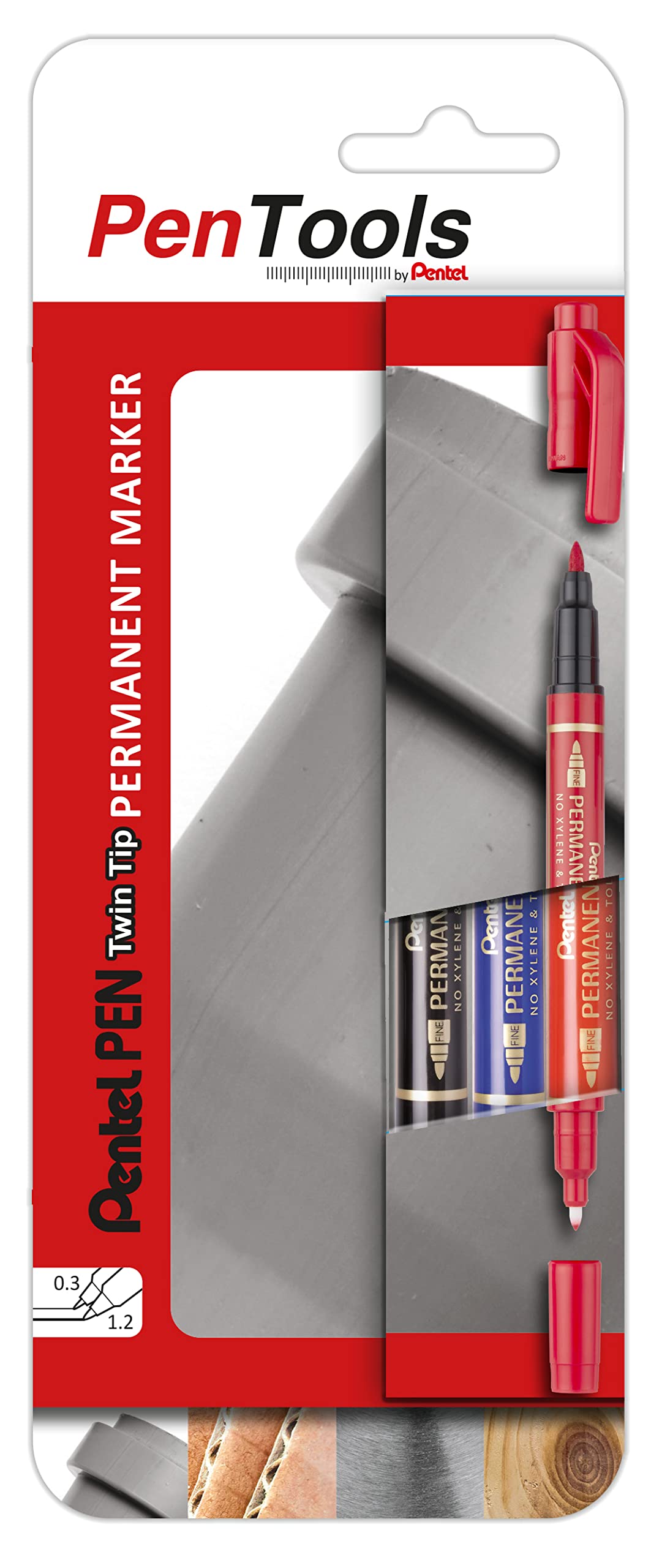 Pentel Pentools Twin Tip Permanent Marker Pens Red, Blue & Black N75W (3 Pack)