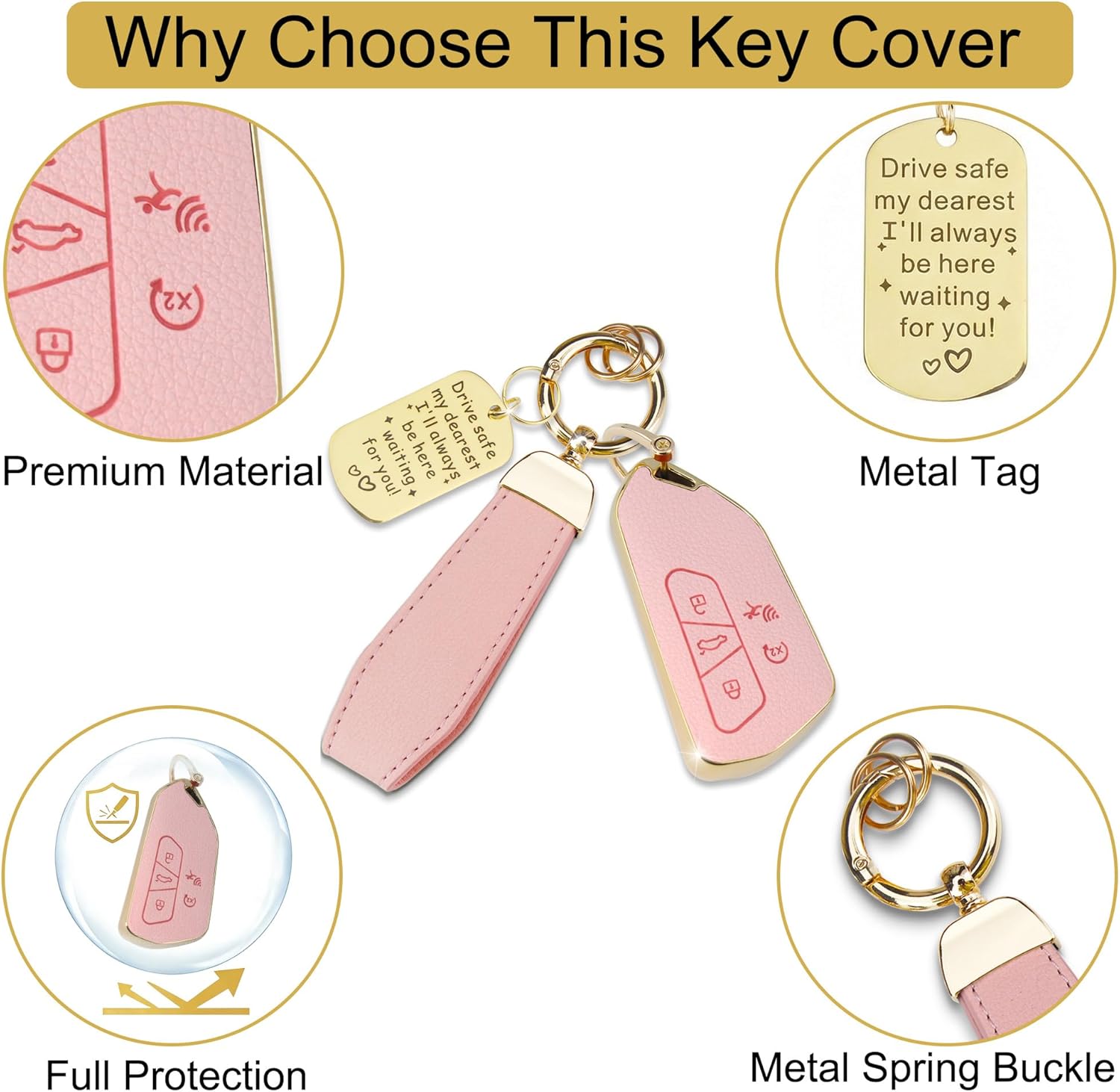 Soft TPU & Leather Key Fob Cover Compatible with VW Volkswagen Golf 8 ID.4 ID.3 ID.5 GTX,Skoda Octavia,Seat Leon Tarraco Ateca, with Keychain & Metal Blessing Tag (5 Button Pink) - Image 4