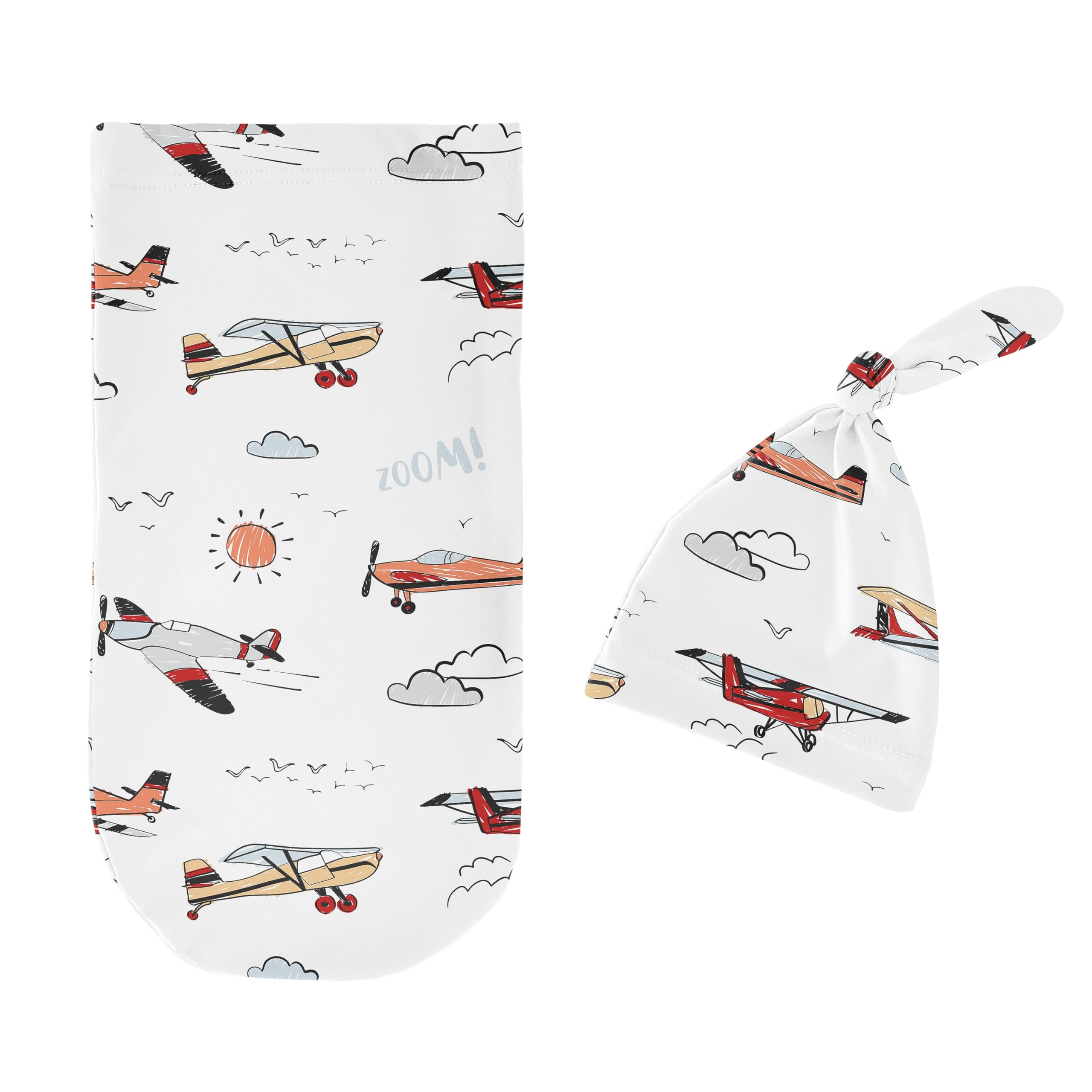 Sweet Jojo Designs Vintage Airplane Boy Baby Cocoon Swaddle and Beanie Newborn Jersey Set Infant Wearable Blanket Going Home Outfit Set Air Plane Transportation Clouds Sun Aviator Red White and Blue