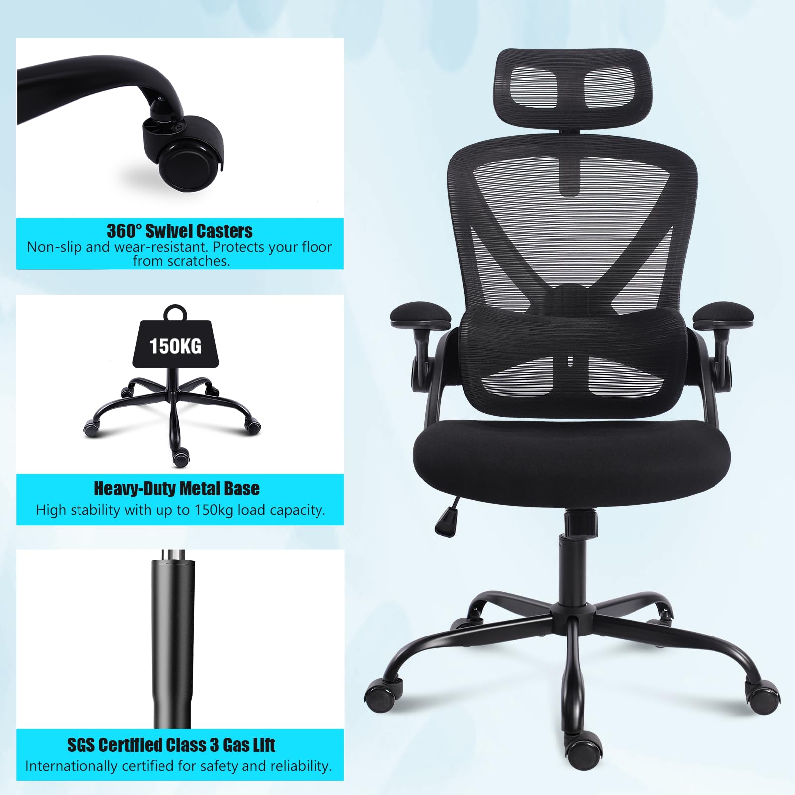 Silla de Oficina Ergonómica con Soporte Lumbar Ajustable, Reposabrazos 3D, Reposacabezas 2D, Silla Escritorio de Malla Alta Giratoria para Hogar y Oficina Estudio Gaming，Negro