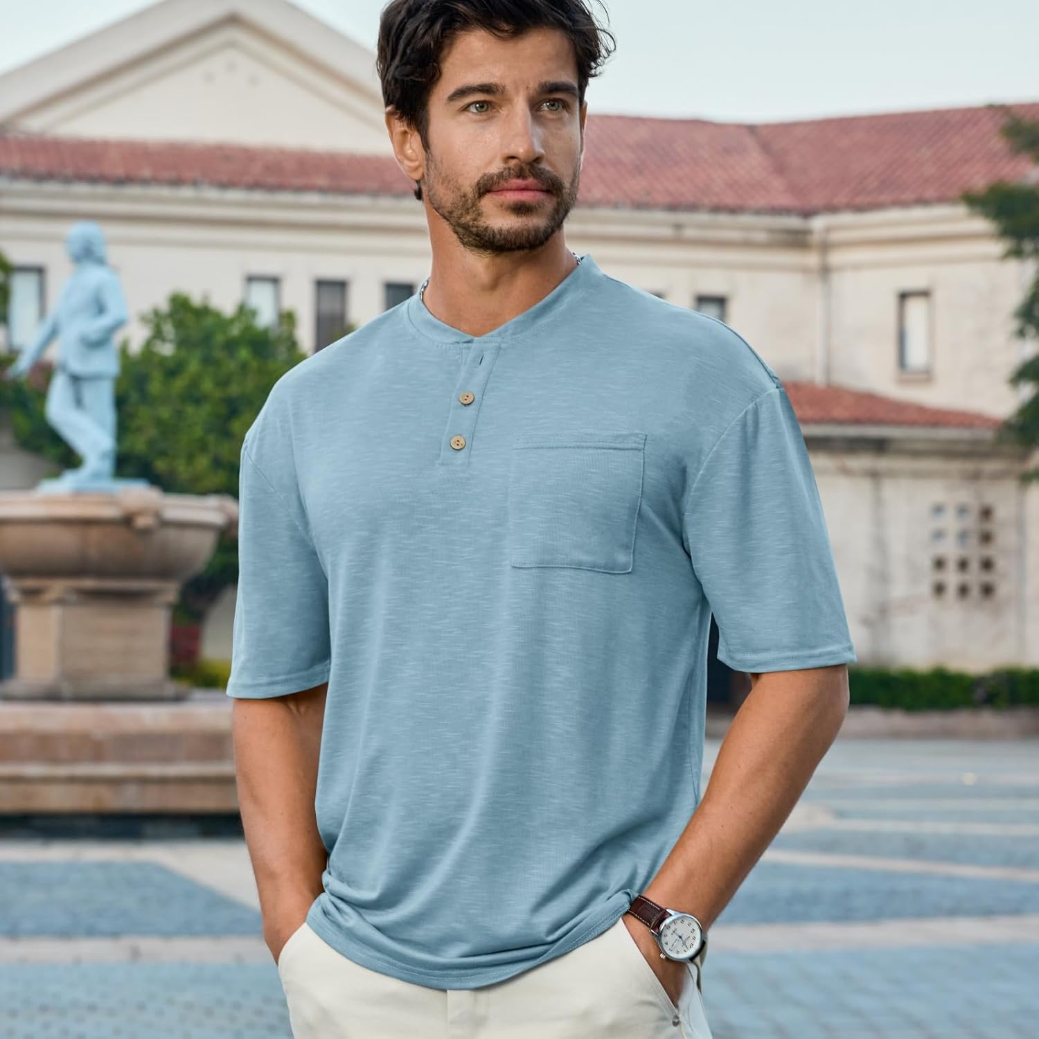 Opomelo Men's Henley Short Sleeve Shirt Summer Casual Button T Shirts Lightweight Basic Pocket Tee - Image 3