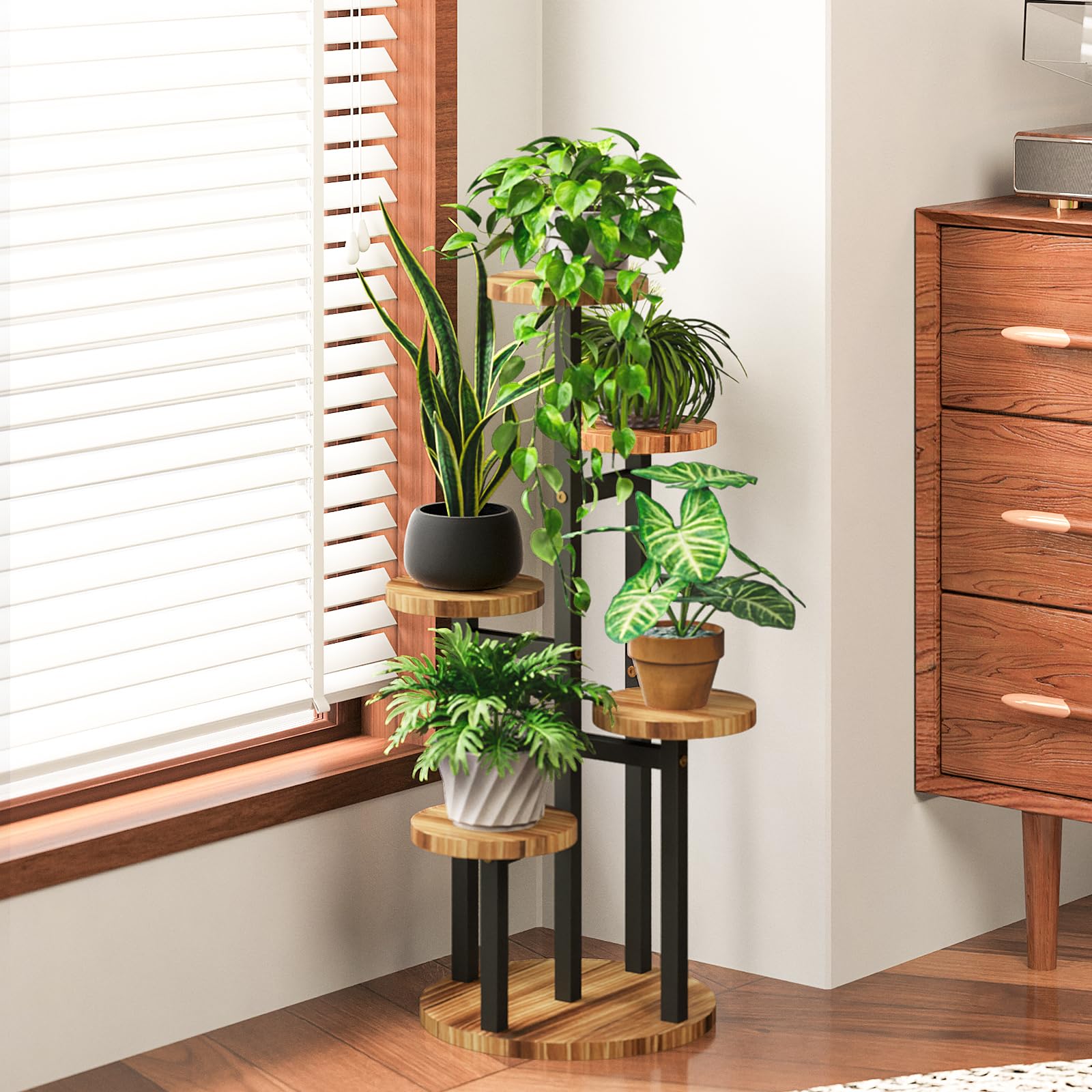 Bamworld 5-poziomowy stojak na rośliny, mały, wielopoziomowy, narożny, metalowy regał na rośliny, na taras, balkon, do ogrodu, salonu, sypialni (okrągły, 5 półek)