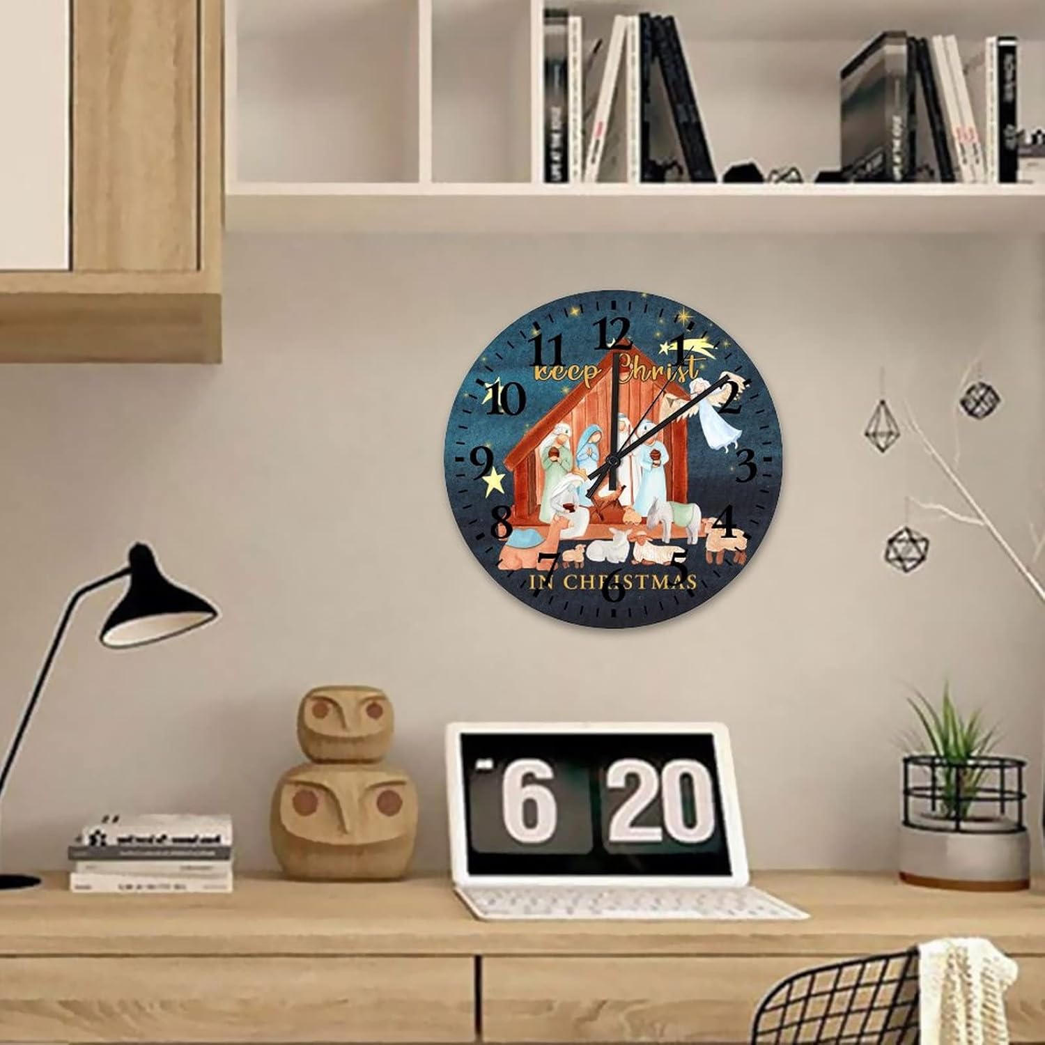 Clock Wooden Birth of Jesus Modern Wall Clock Quartz Analog Quiet Arabic Numeral Christian Nativity Scene Gifts Round Clock for Home Living Room Office Decoration 12 Inch