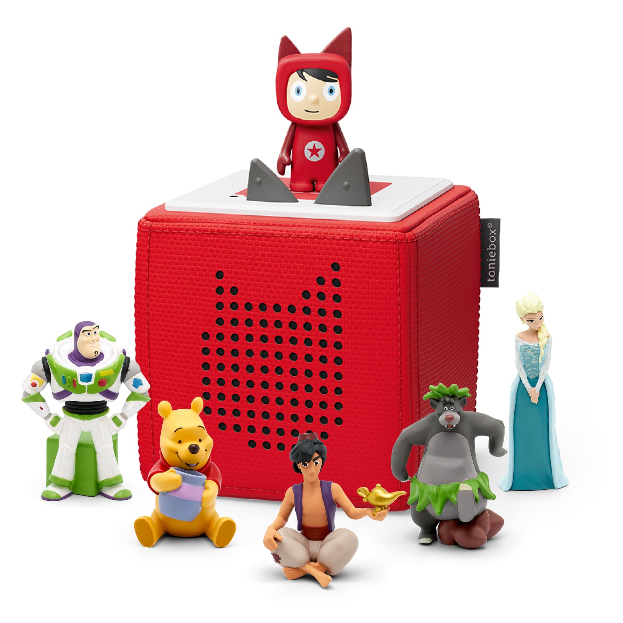 tonies Disney and Pixar Red Toniebox Starter Set Bundle with 5 Characters including Disney Frozen Elsa, Jungle Book, Aladdin, Winnie the Pooh, Toy Story, tablet free toys for kids