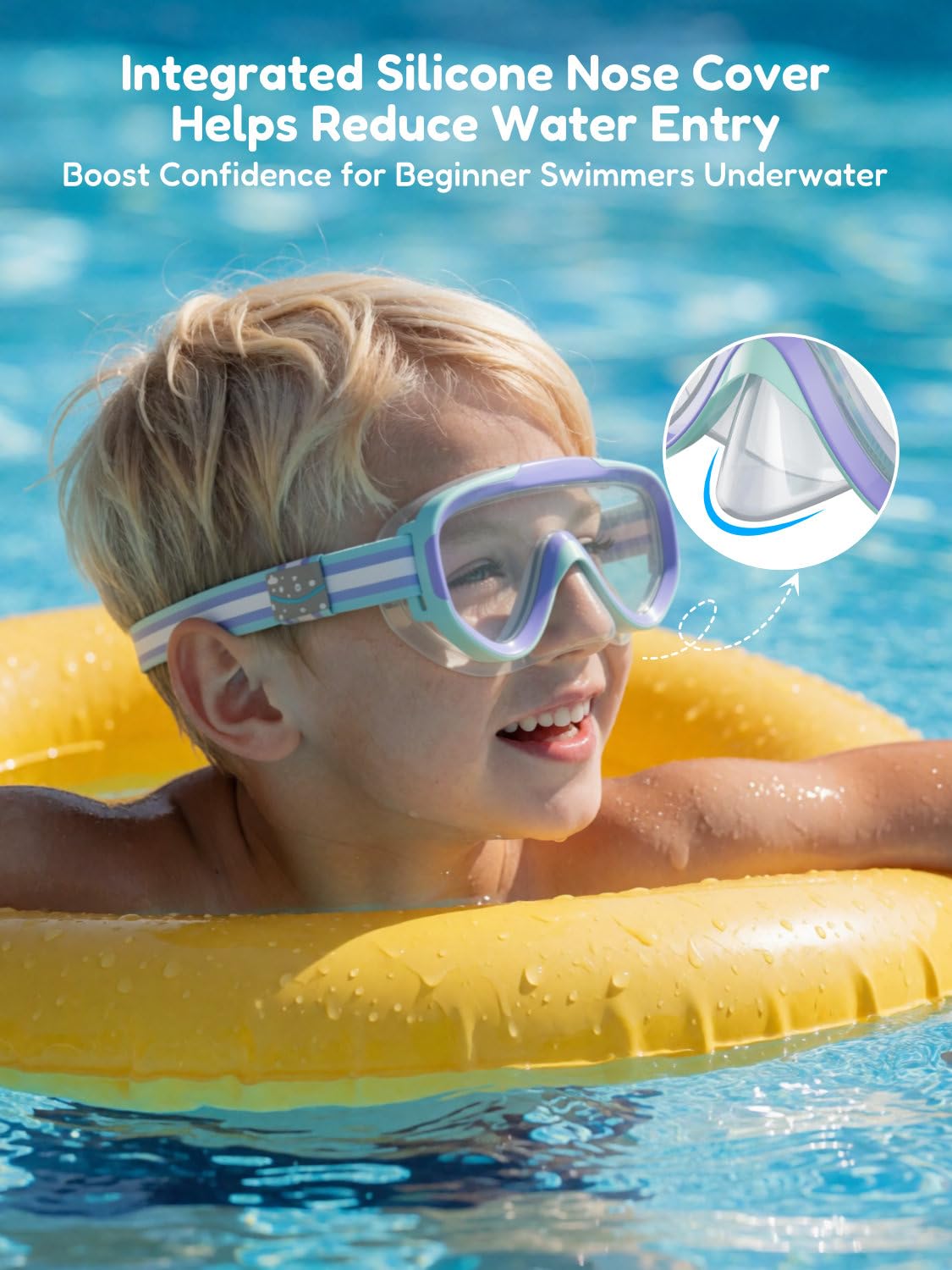 ACURE Gafas de natación para niños y niñas de 3 a 14 años, juego de máscara de esnórquel antivaho con cubierta para la nariz y correa de tela, máscara de buceo para niños en piscina para jóvenes