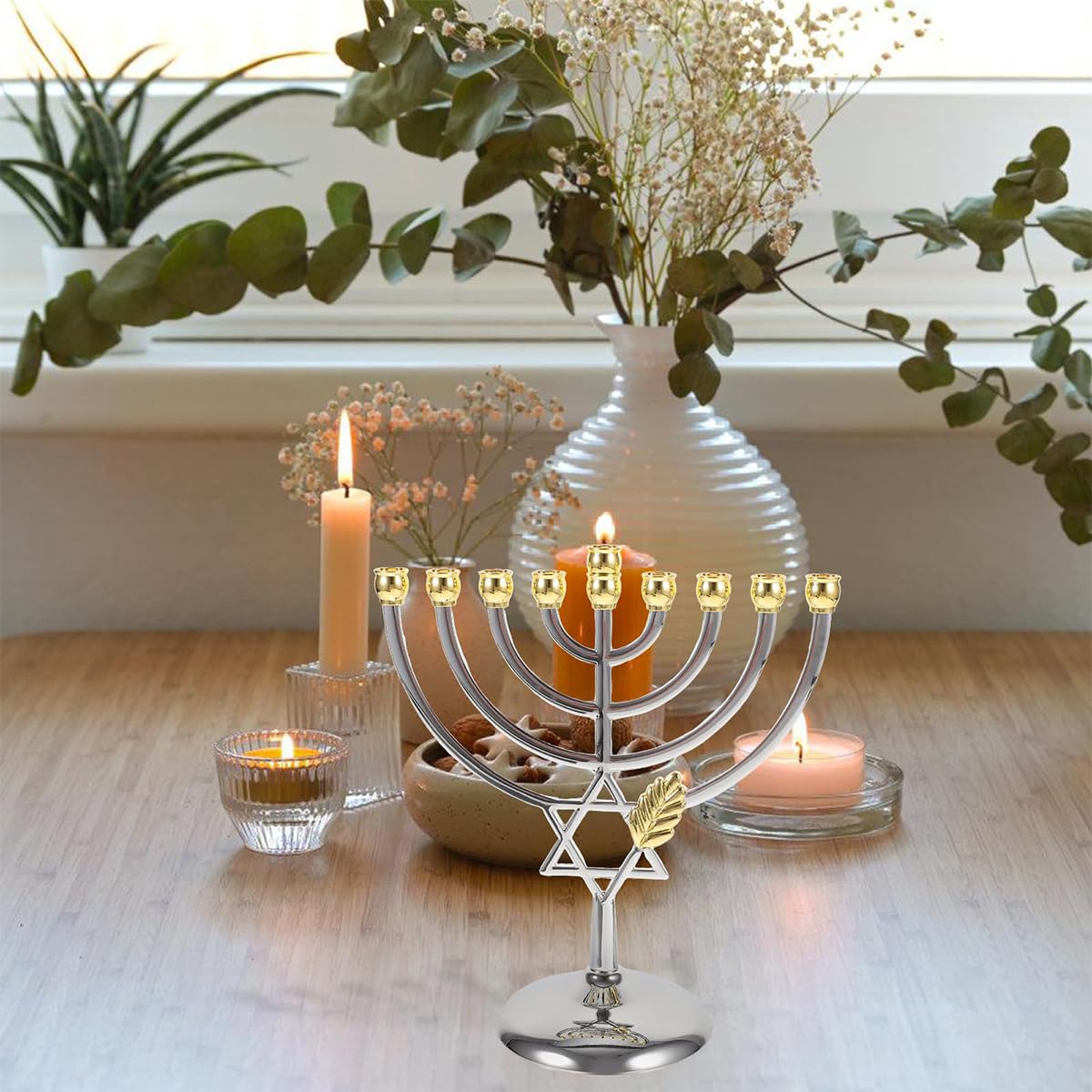 Candeliere a Nove Teste in Lega di Zinco Menora da 18 cm, candelabro a Forma di Stella di David, Regalo di Capodanno ebraico, Adatto per la Decorazione di Feste di Hanukkah