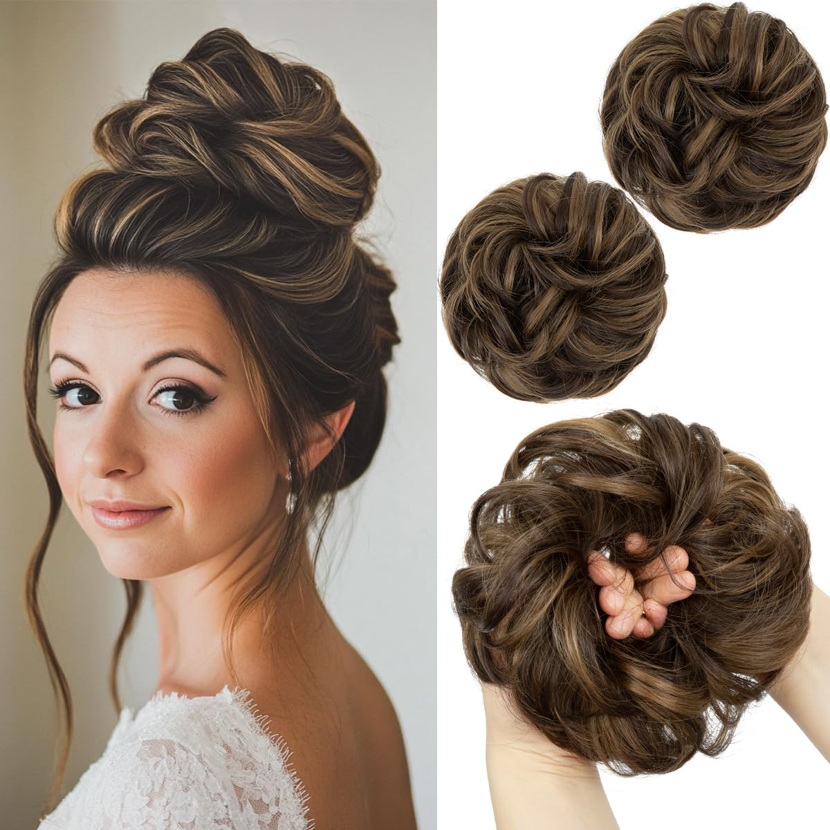 SARLA 2PCS Messy Bun Hair Pieces for Womens Synthetic Scrunchies Buns Extension Hairpieces Updo Pony Tail Coffee Brown