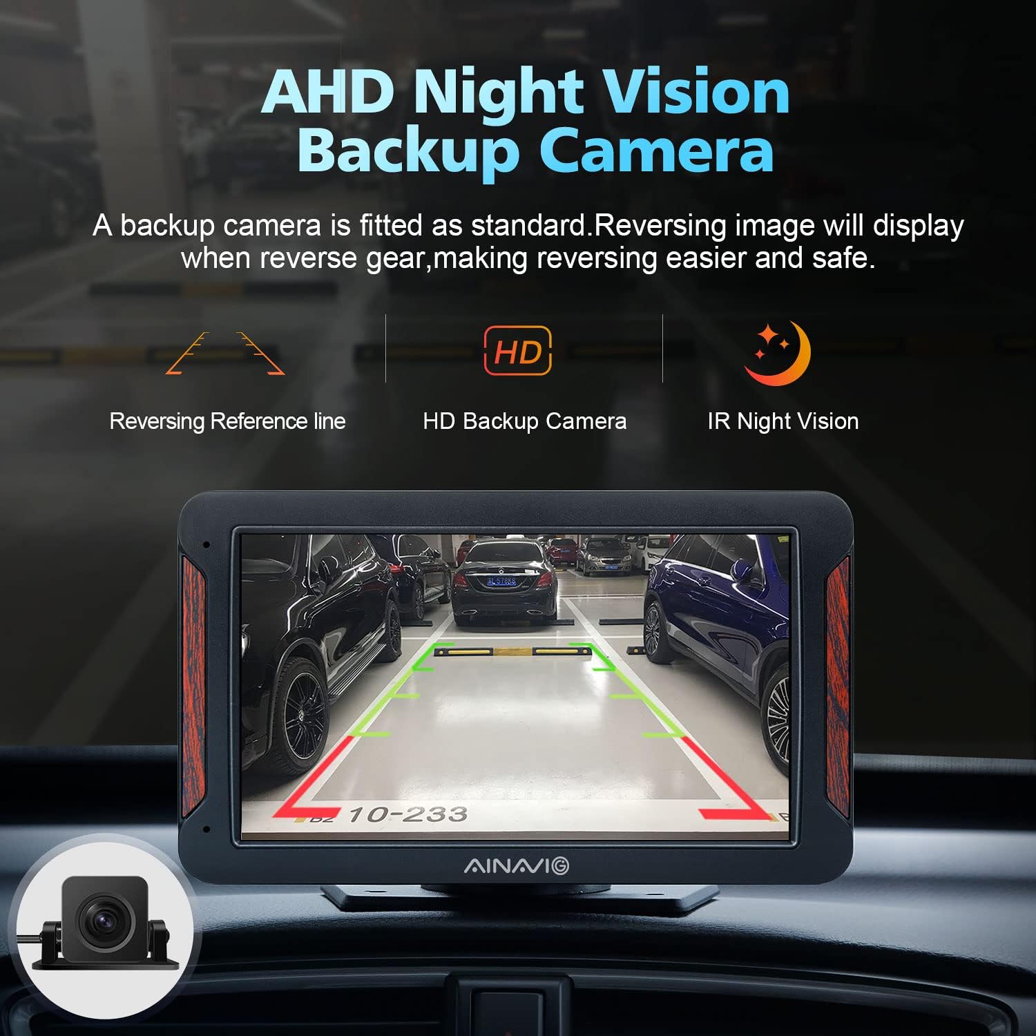 AHD Night Vision Backup Camera displaying a clear rear view with reversing reference lines.