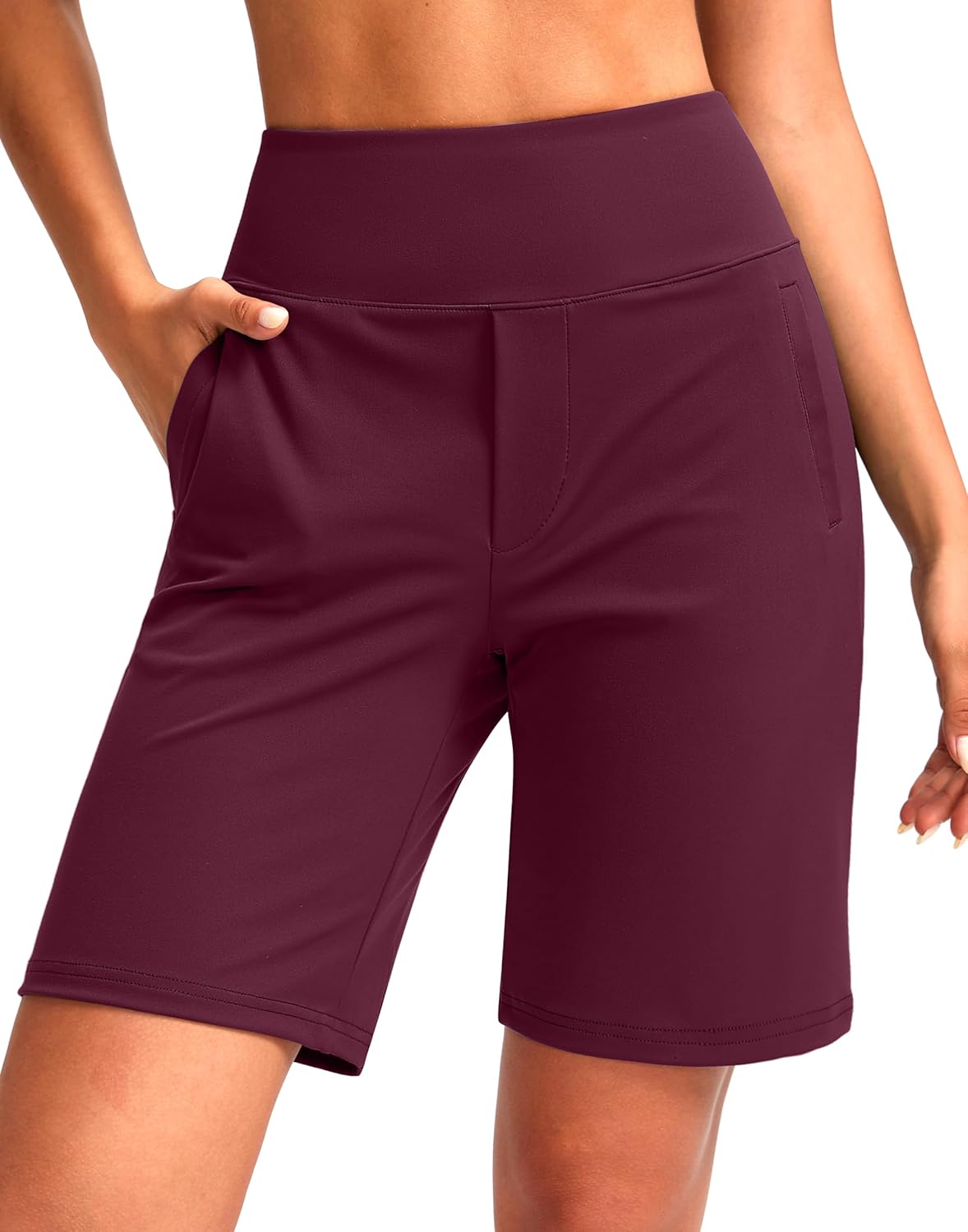 SANTINY Women's 9" High Waisted Bermuda Shorts with 4 Pockets Knee Length Long Shorts for Women Workout Athletic Casual