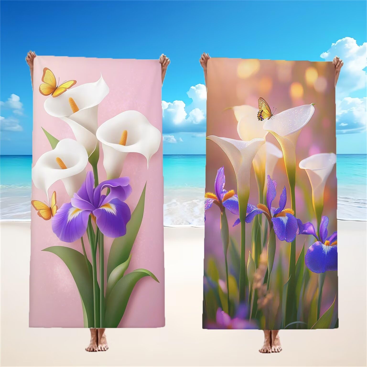 Serviette de Plage 90x200cm, Moderne Serviette Microfibre Lot de 2 Fleurs Motif Ultra Absorbantes Séchage Rapide Anti Sable Légère Drap de Plage avec Bouton Pression Design pour Piscine Sauna,Model296