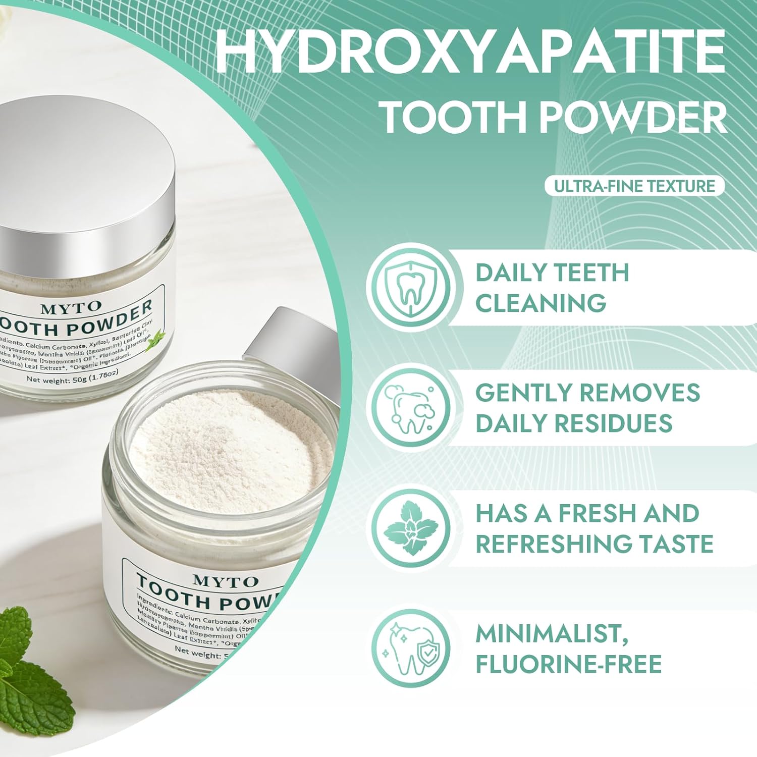 MYTO Tooth Powder - Contains Peppermint and hydroxyapatite to Strengthen Tooth Enamel - Fluoride-Free, Peppermint Flavor - Gentle Daily Cleaning, Convenient to Carry - 1.76 oz