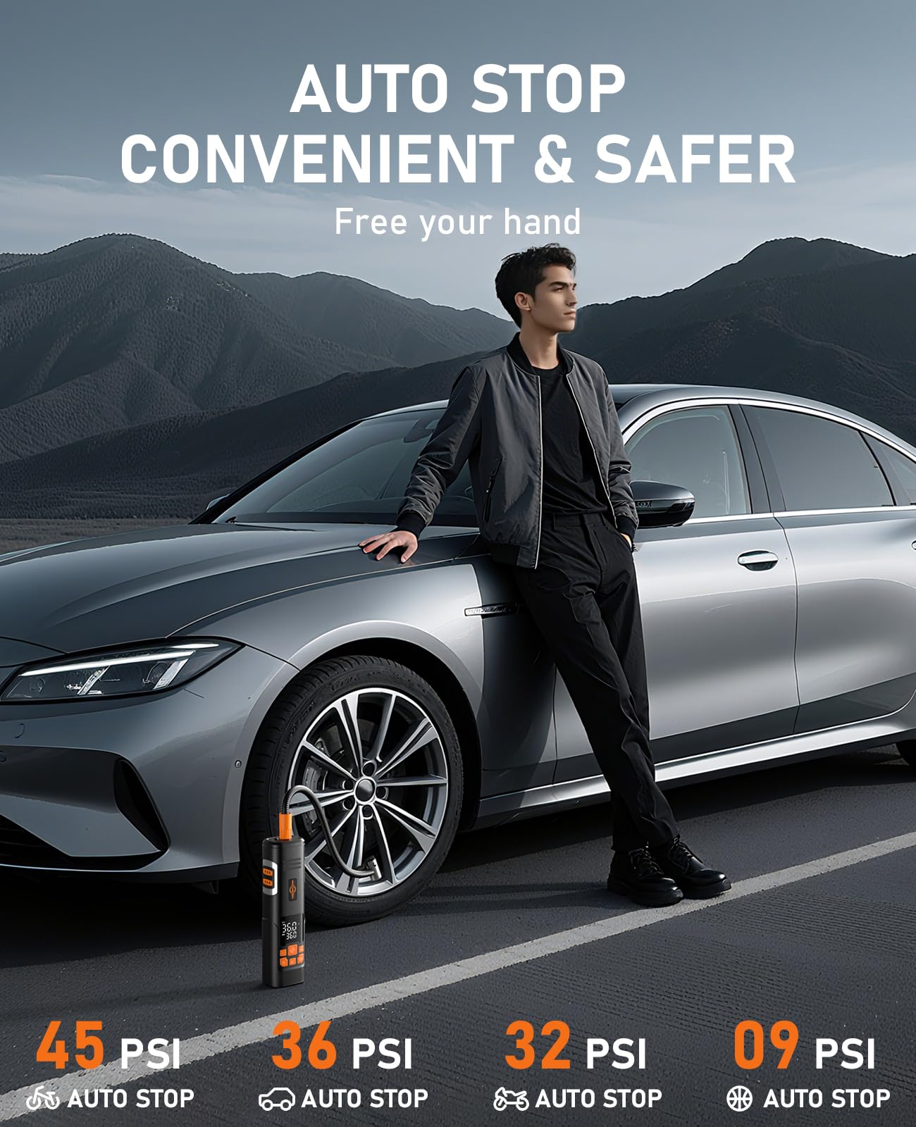 Aneson Tire Inflator Portable Air Compressor, 150PSI Air Pump for Car Tires, LED Light & Auto Shutoff, Cordless Electric Bike Tire Pump with Digital Pressure Gauge for Car, Motorcycle, Bicycle, Ball