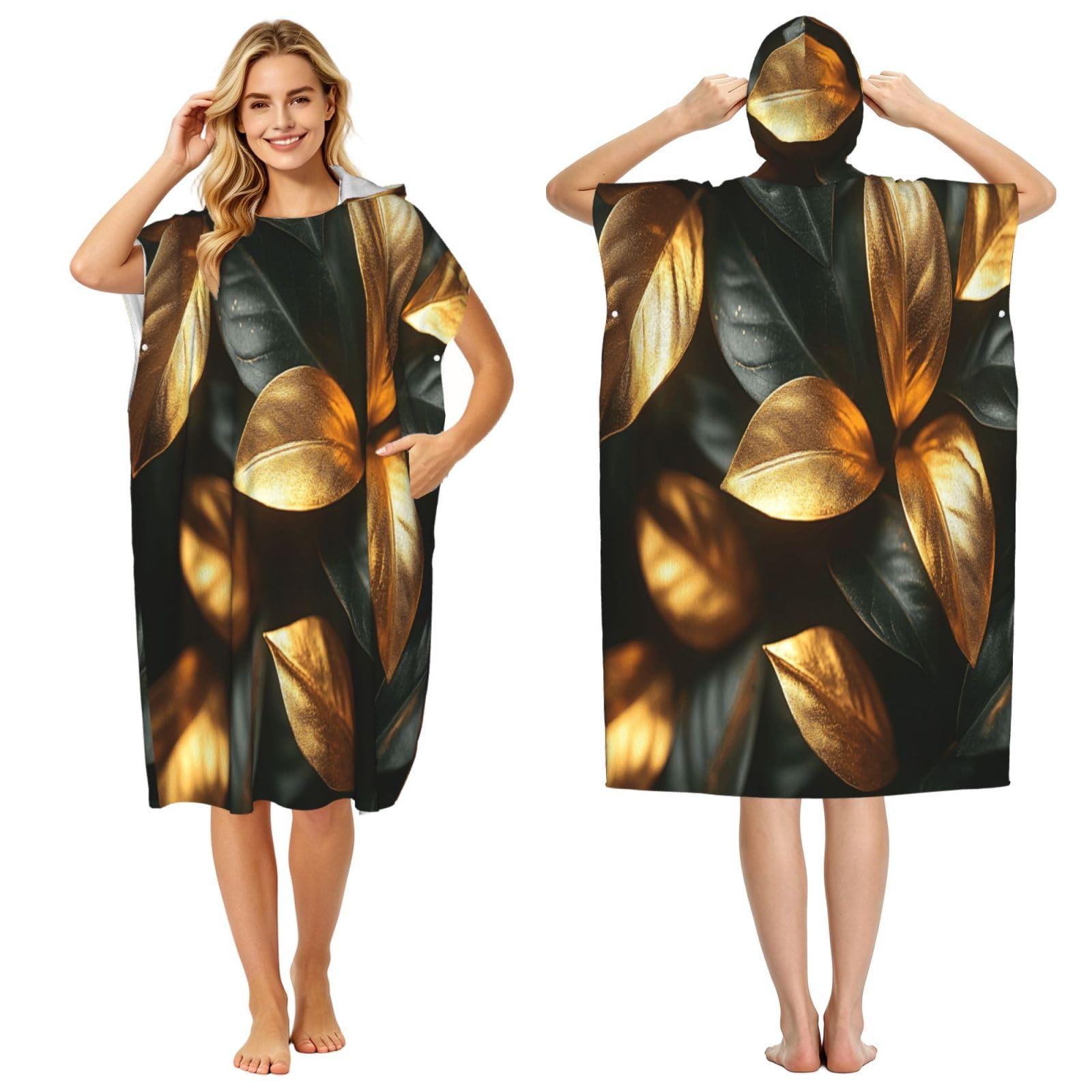 DTHKJNLSF Gold Leaf Adult Hooded Beach Poncho Towel
