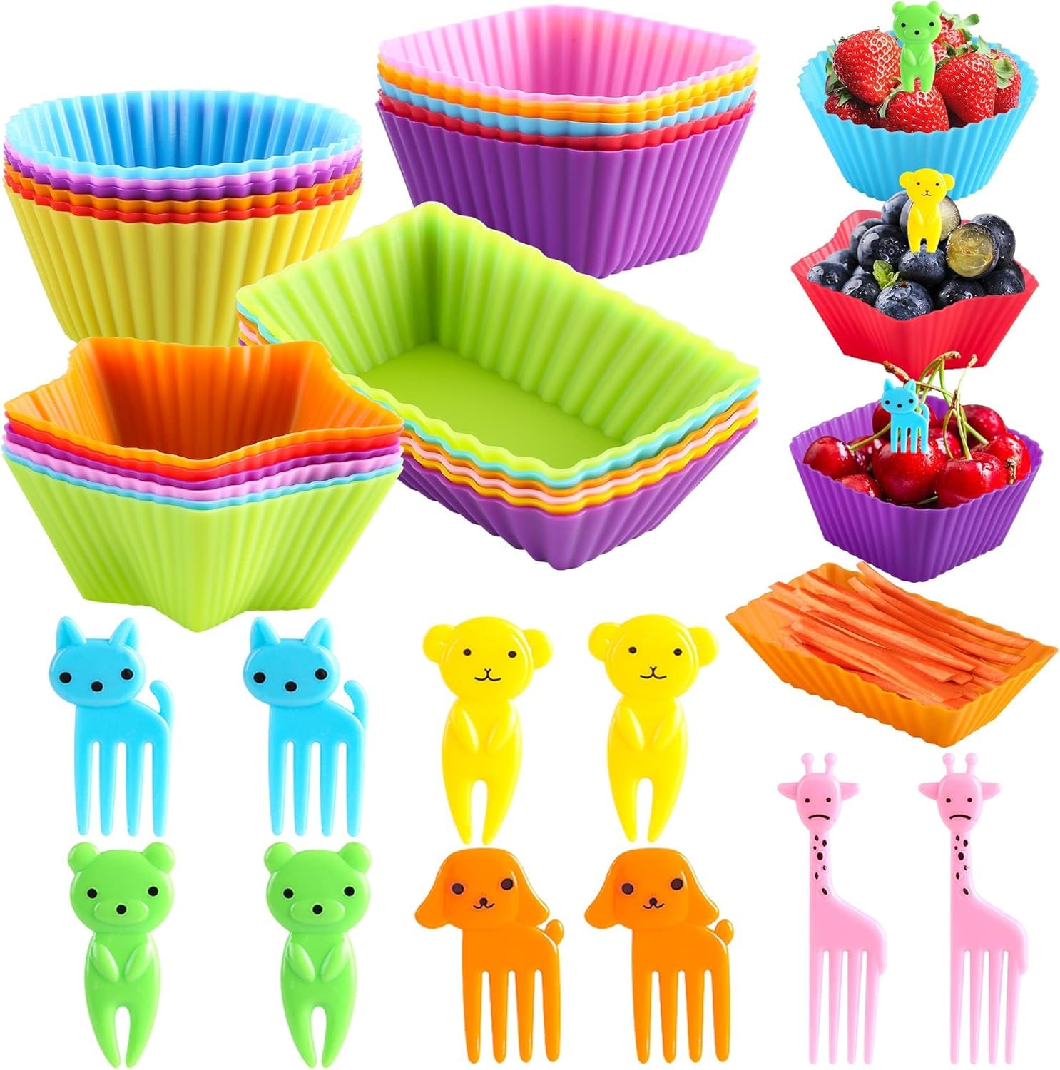 Silicone Lunch Box Dividers,Back to School Lunch Essentials - 24 pcs Bento Box Dividers with 10 Animal Picks,Lunchbox Supplies Accessories,Cupcake Baking Cups,Muffin Pan Liners,Reusable and BPA Free