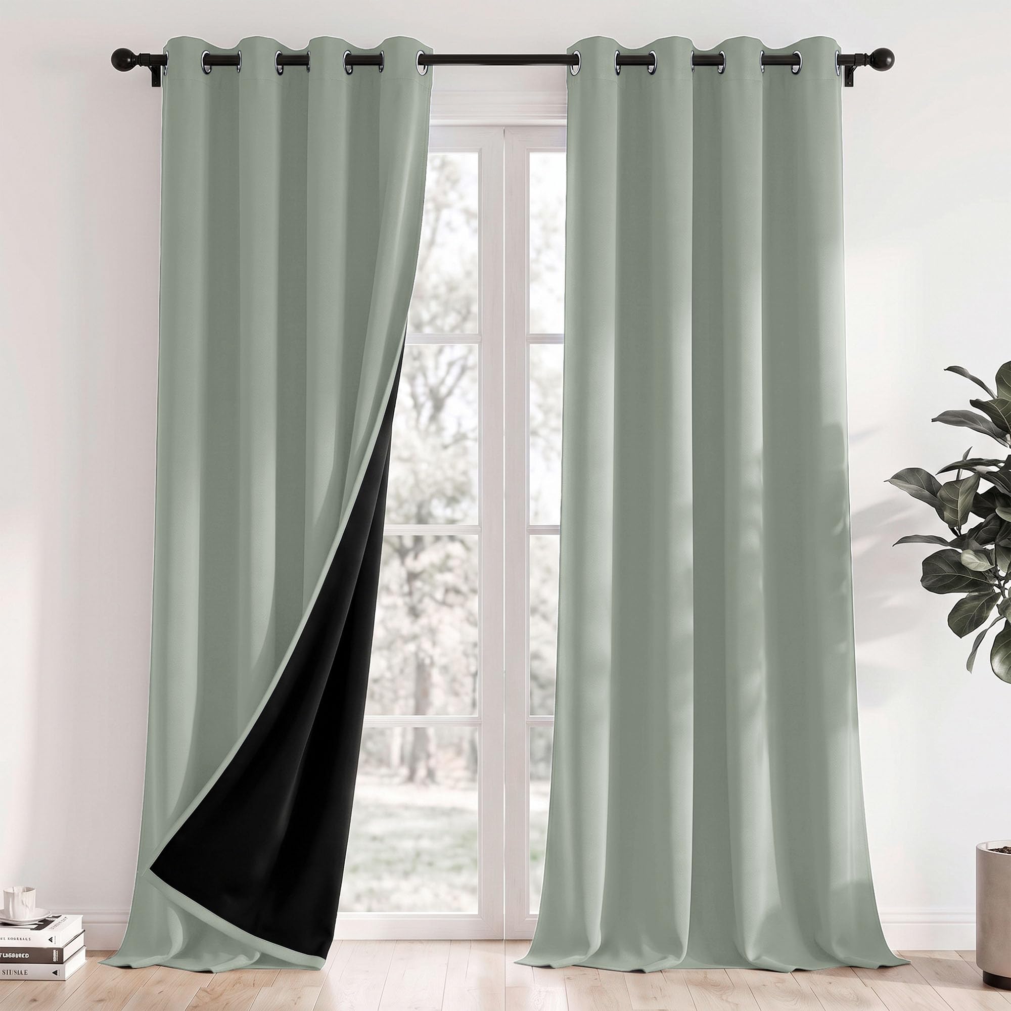 Deconovo 100% Blackout Thermal Curtains for Living Room 52 x 84 Inch Drop, Eyelet Curtains for Bedroom with Black Backing & Heat Blocking, 2 Panels, Sage Green