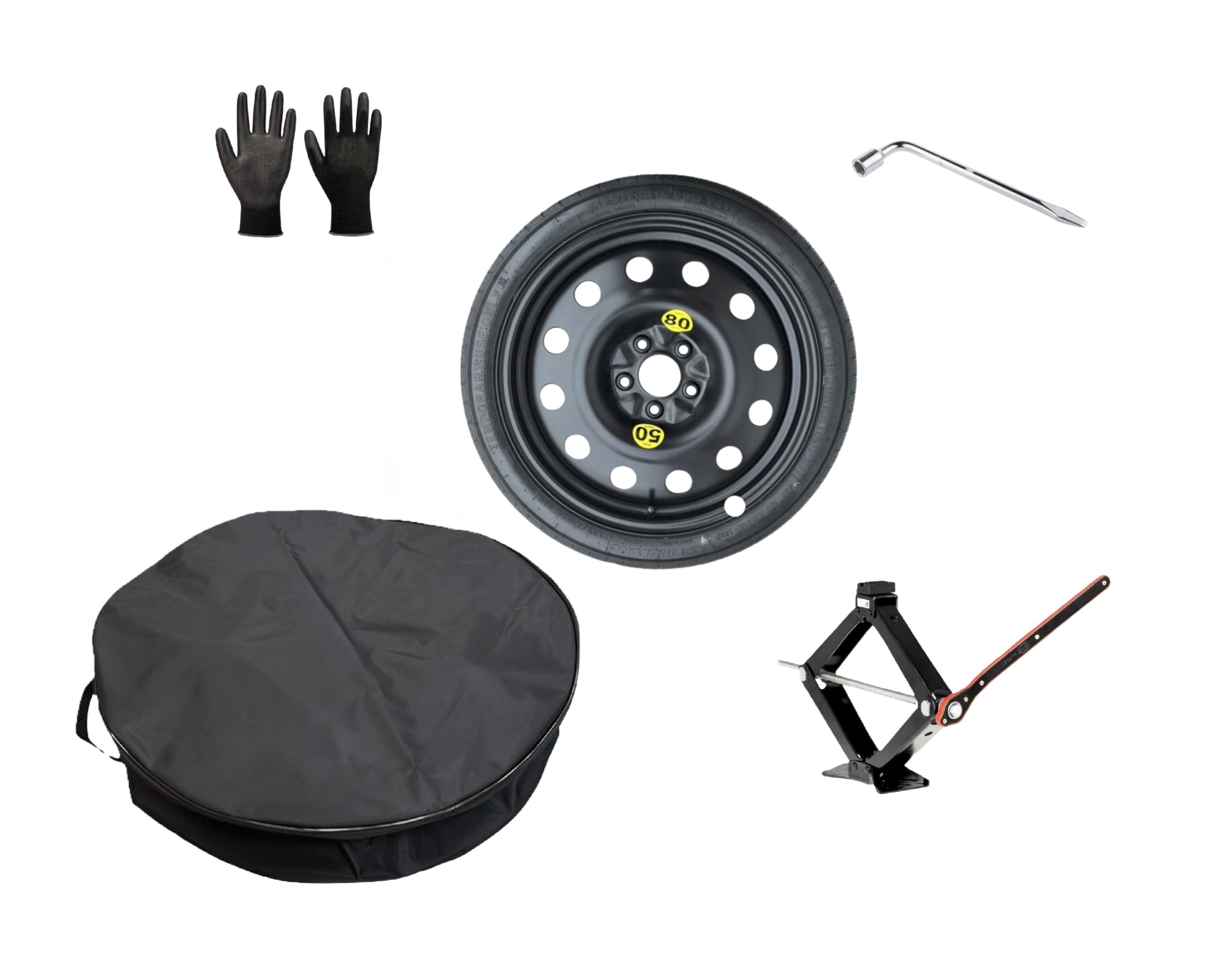Kit Ruotino di Scorta 17" compatibile con Toyota Aygo X 5 fori dal 2025 con Cric, Chiave, Guanti e Sacca