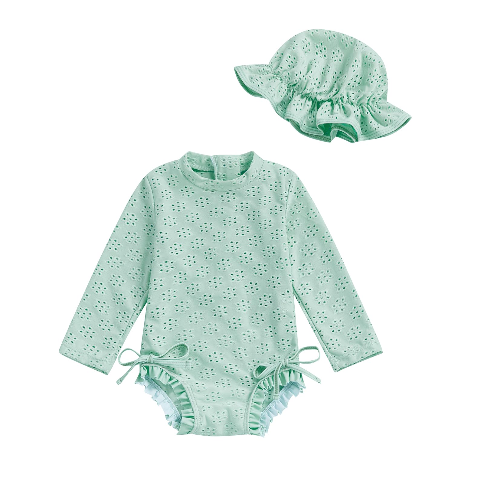 Yccutest Baby Girl Long Sleeve Solid Bathing Suit Toddler Girl One Piece Lace Swimsuit Infant Girl Ruffle Rash Guard Swimwear (Green,6 Months)