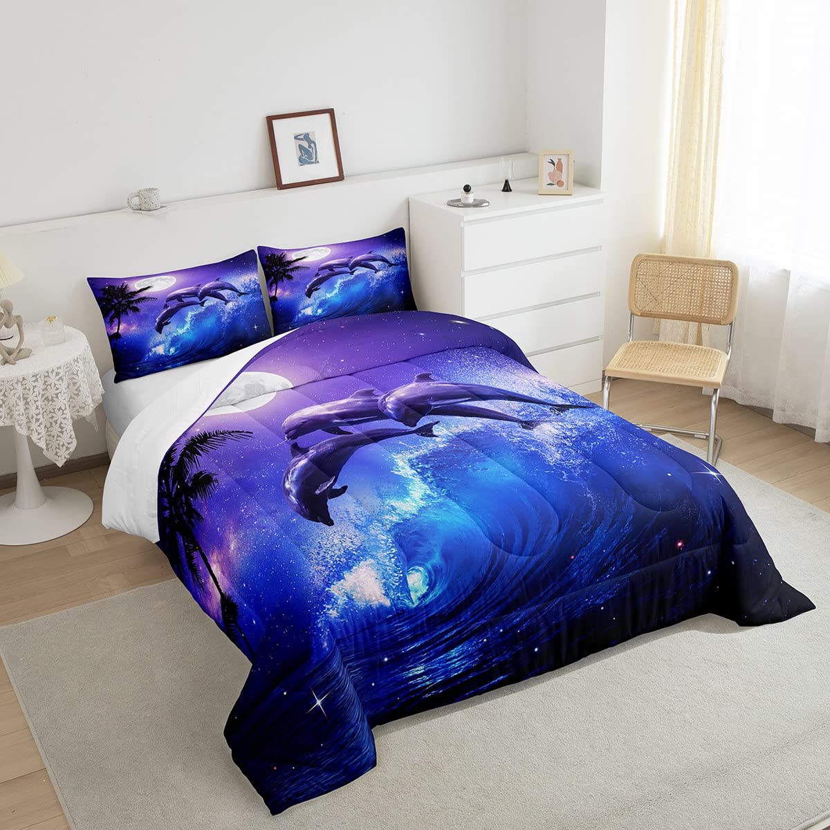 Castle Fairy Dolphin Comforter Set Queen Size,Ocean Waves Bedding Set Kids Young Man,Moonlight at Night Comforter for Teen Child Room Decor,Starry Sky Stars Quilted Duvet Set with 2 Pillowcase