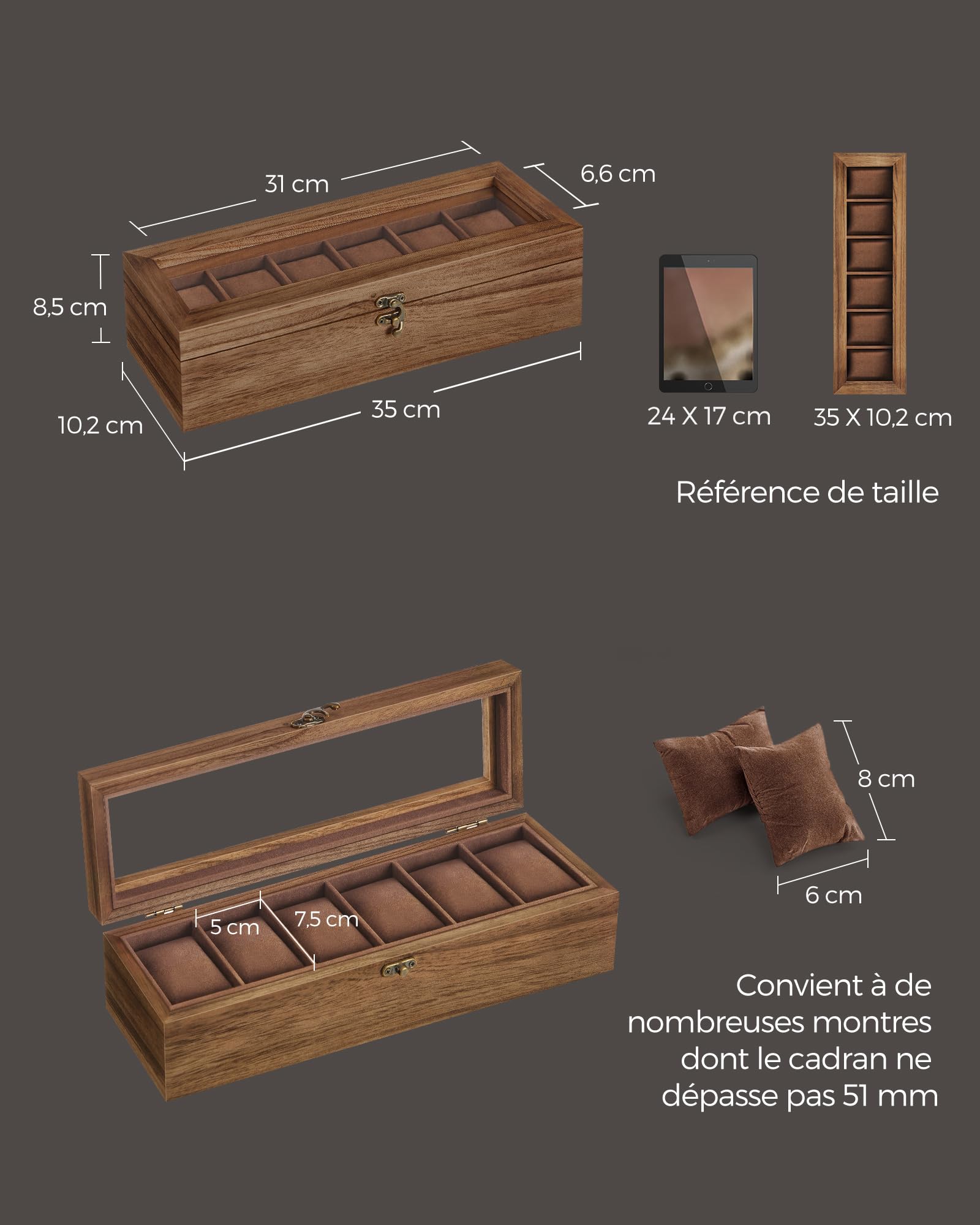 SONGMICS Boîte à Montres 6 Compartiments, Coffret à Montres en Bois, Écrin, avec Couvercle en Verre, Coussinets pour Montres, Couleur Noisette JOW006K01