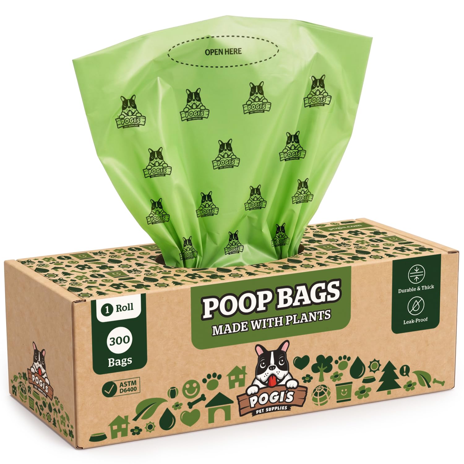 Pogi’s Compostable Poop Bags - 300 Grab & Go Dog Poo Bags - Leak-Proof, Extra-Large, Plant-Based, ASTM D6400
