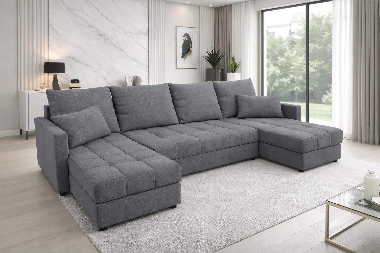 Generisch Aurelia U Wohnlandschaft, Samt Stoff, Ecksofa in U-Form mit Schlaffunktion, Bettkasten, 287 cm Breite, 72 cm Höhe, 38 cm Sitzhöhe, Krono 15, 100% Polyester
