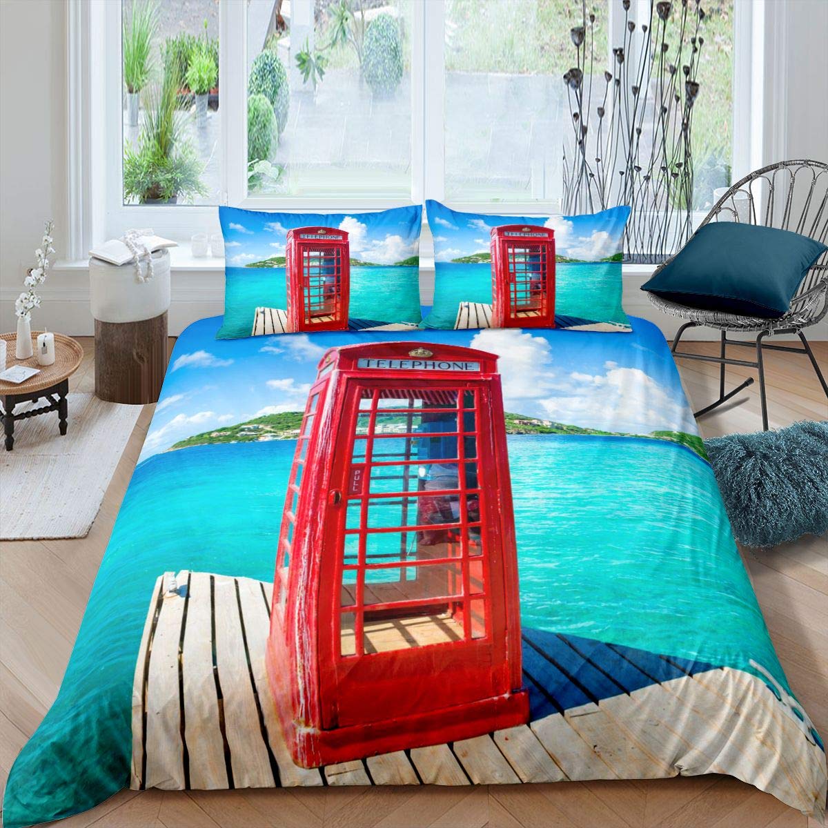 Homemissing Famous Telephone Booth Bedding Set Hawaiian Tropical Island Comforter Cover for Kids Adult Modern Red Telephone Booth Duvet Cover Sea Marine Bedspread Cover 3Pcs Super King — image 1