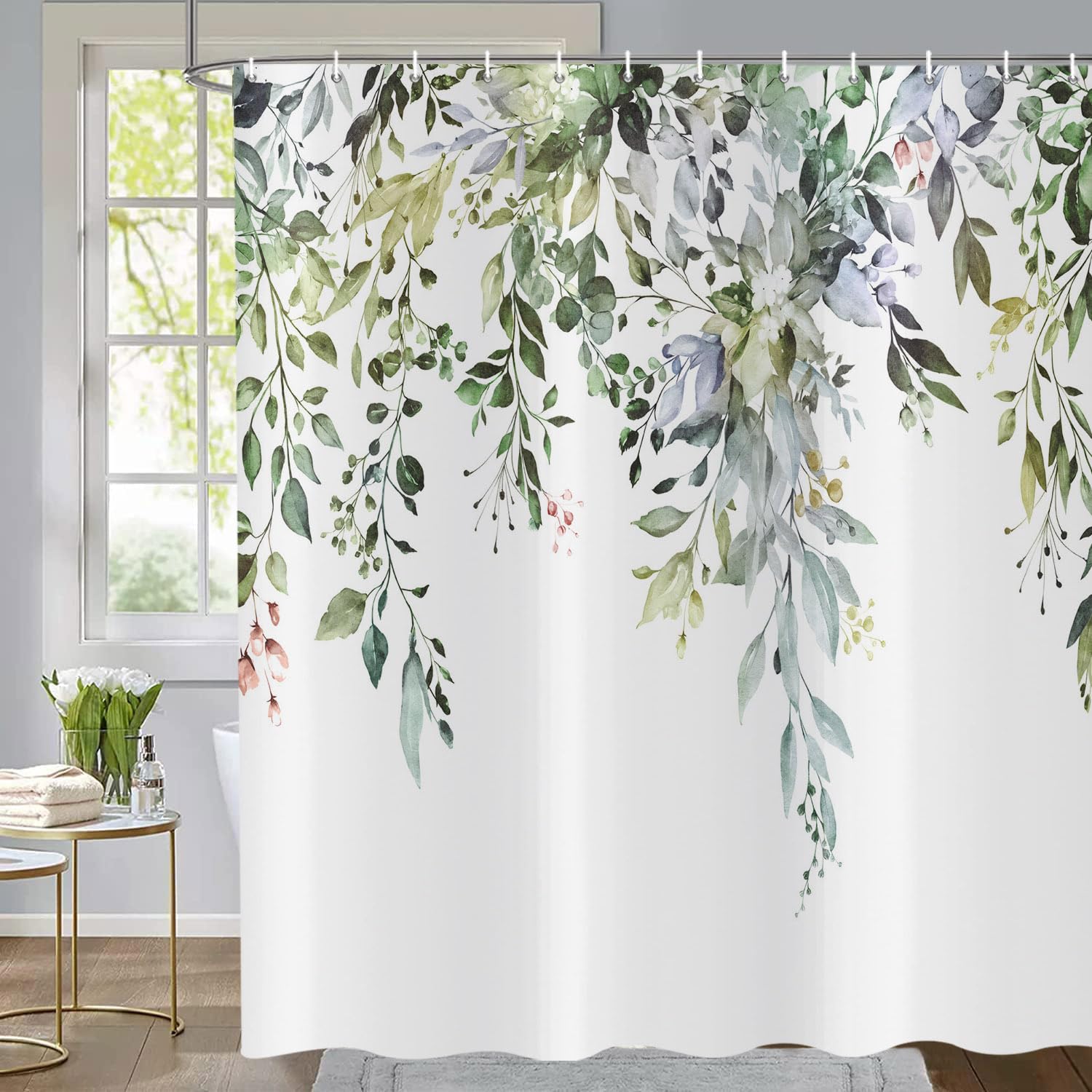 ASDCXZ Sage Green Eucalyptus Shower Curtain 90x180 cm, Spring Watercolor Eucalyptus Leaves Floral Plants Waterproof Bath Curtain Polyester Textile Washable Shower Curtains for Bathtub with 6 Hooks