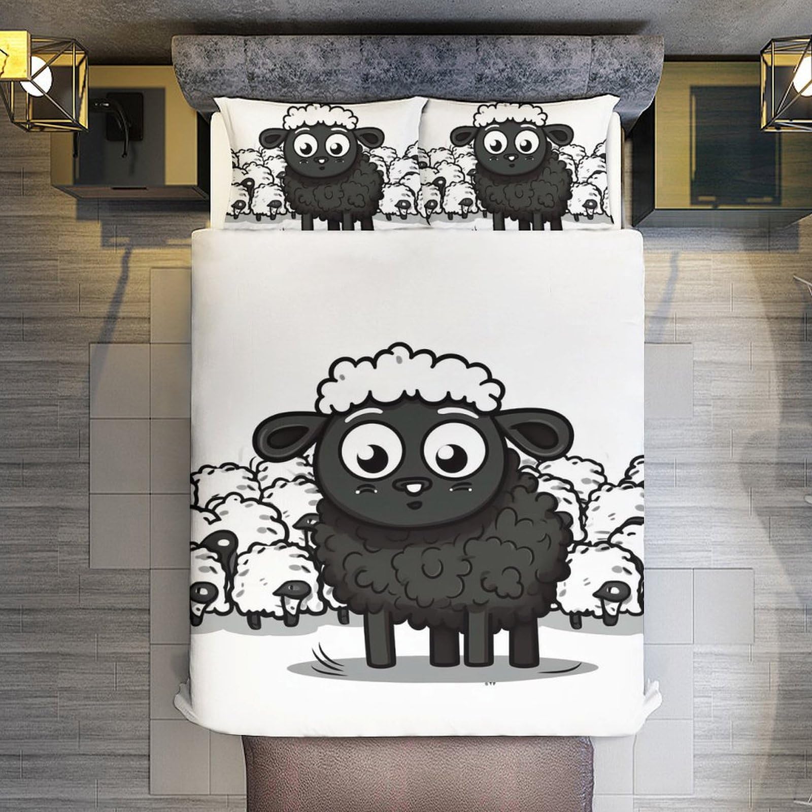 Set di biancheria da letto, 3 pezzi, ultra morbido, spesso, con pecore bianche e nere, con 2 federe, leggero, double-face, per casa/hotel/regali, 218,4 x 177,8 cm