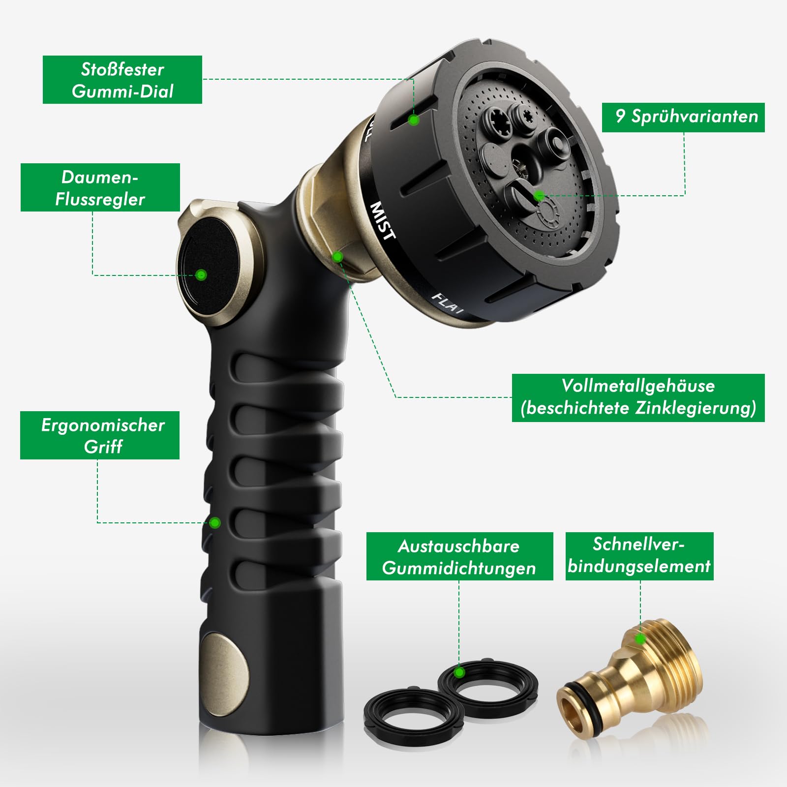 RESTMO Gartenbrause Metall Heavy Duty, Robuste Garten Wasserspritze zum Reinigen und Bewässern, Hochdruck Gartenschlauch Düse 7 Muster für Garten Bewässerung, Autowaschen