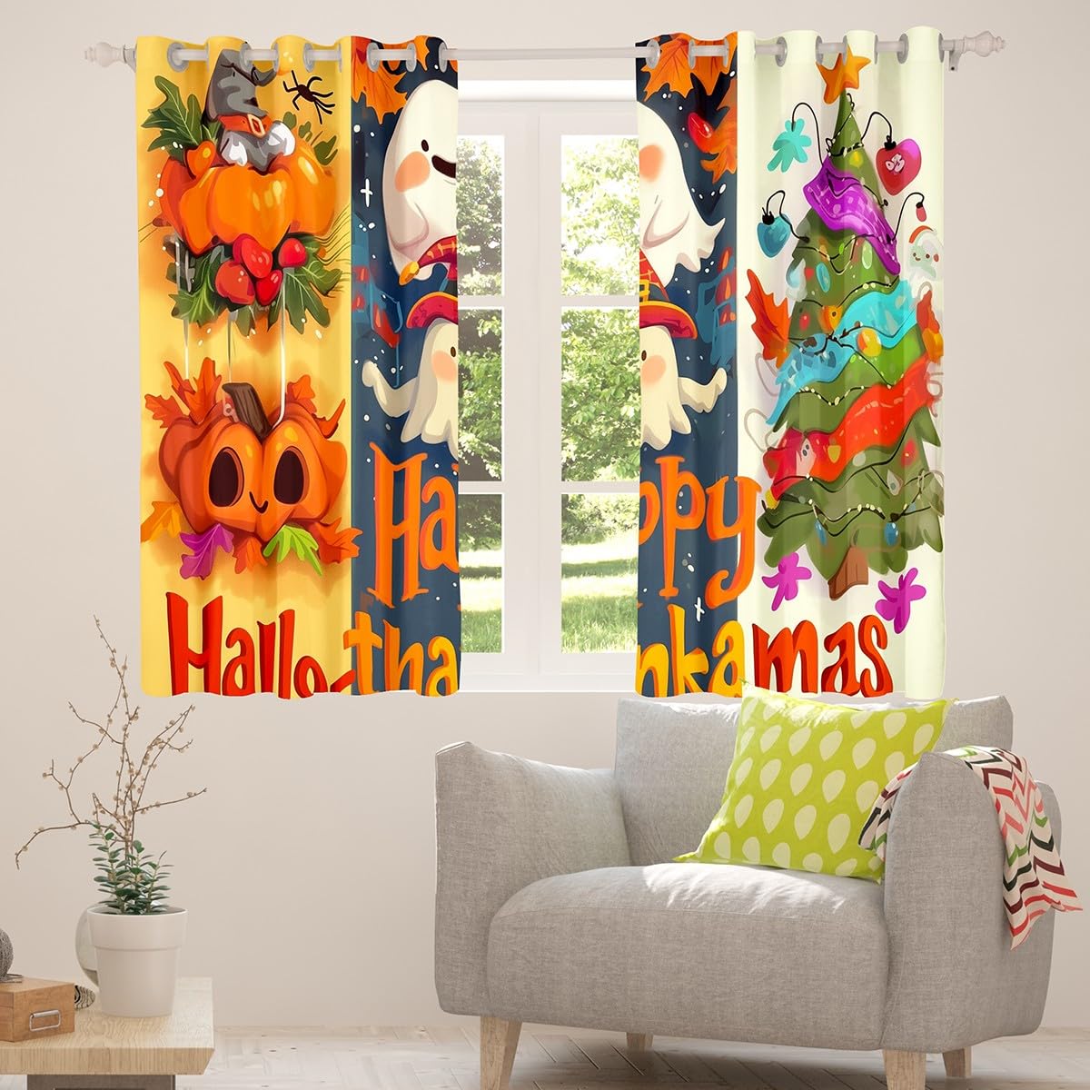 Homewish Kreskówkowy duch pająk zasłony zaciemniające, Halloween dekoracje choinkowe zasłony okienne 2 zestawy paneli 132 x 160 cm, gotycka latarnia dynia, Święto Dziękczynienia, święto, zasłony