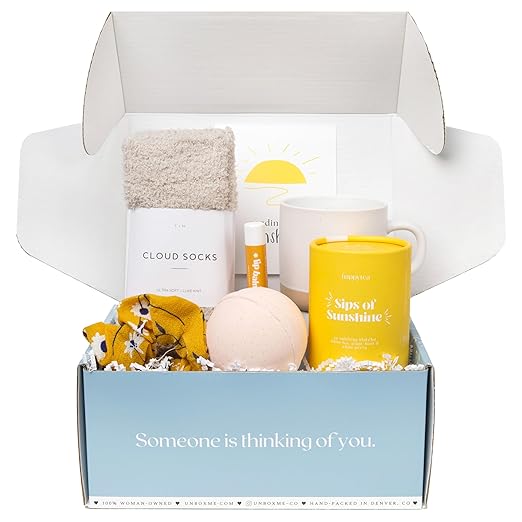 Unboxme Sunshine Gift For Women | Self Care Package with Herbal Tea, Mug, Bath Bomb, Candle, Fluffy Socks, Lip Balm, Sheet Mask, Scrunchie & Sending Sunshine Card | Graduation Gifts For Girls