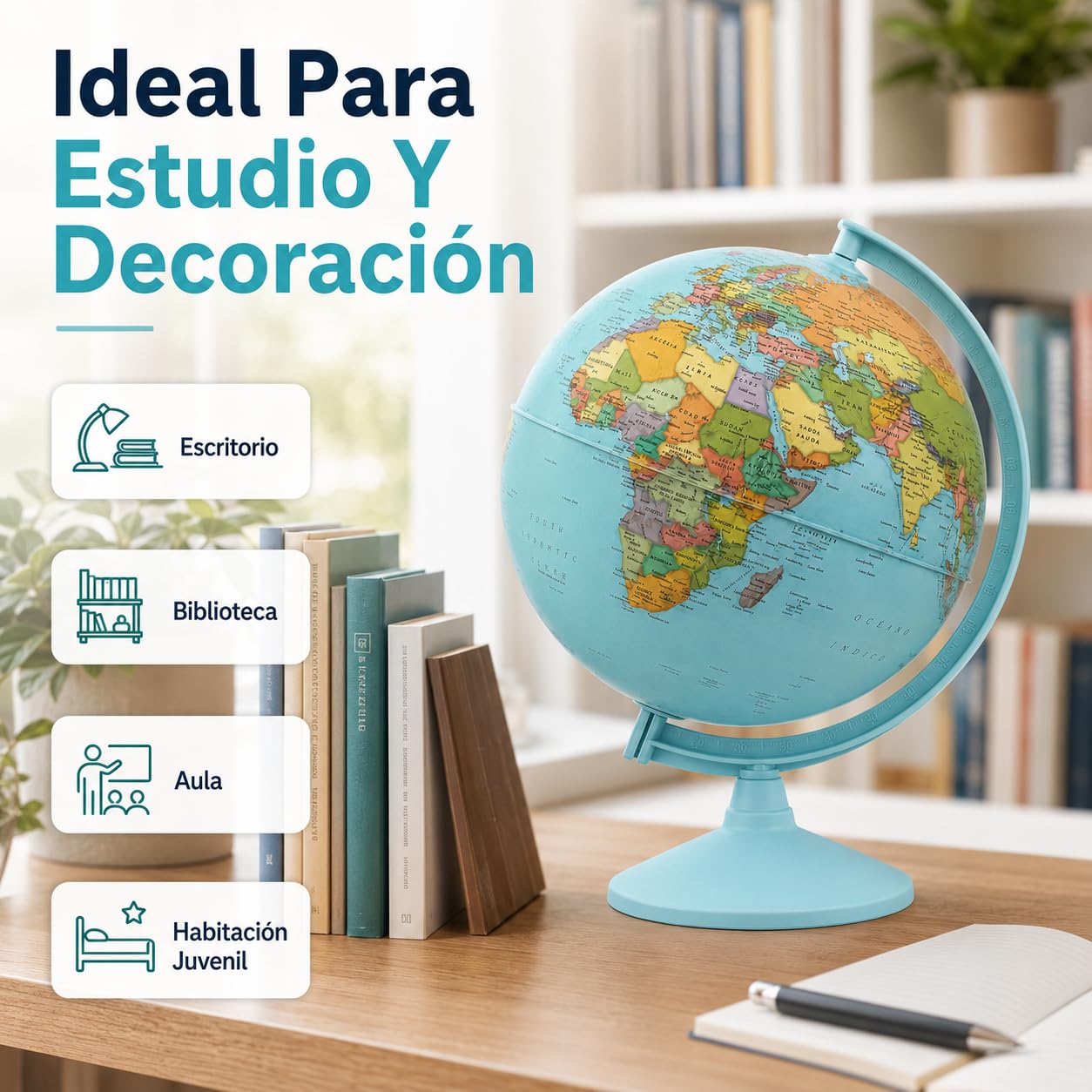 Globo Terráqueo 30 cm Mapa Español Azul Educativo Y Decorativo | Tamaño Grande Base Azul Mapa Político Claro Para Escritorio Aula Biblioteca Habitación Juvenil Y Regalo Educativo