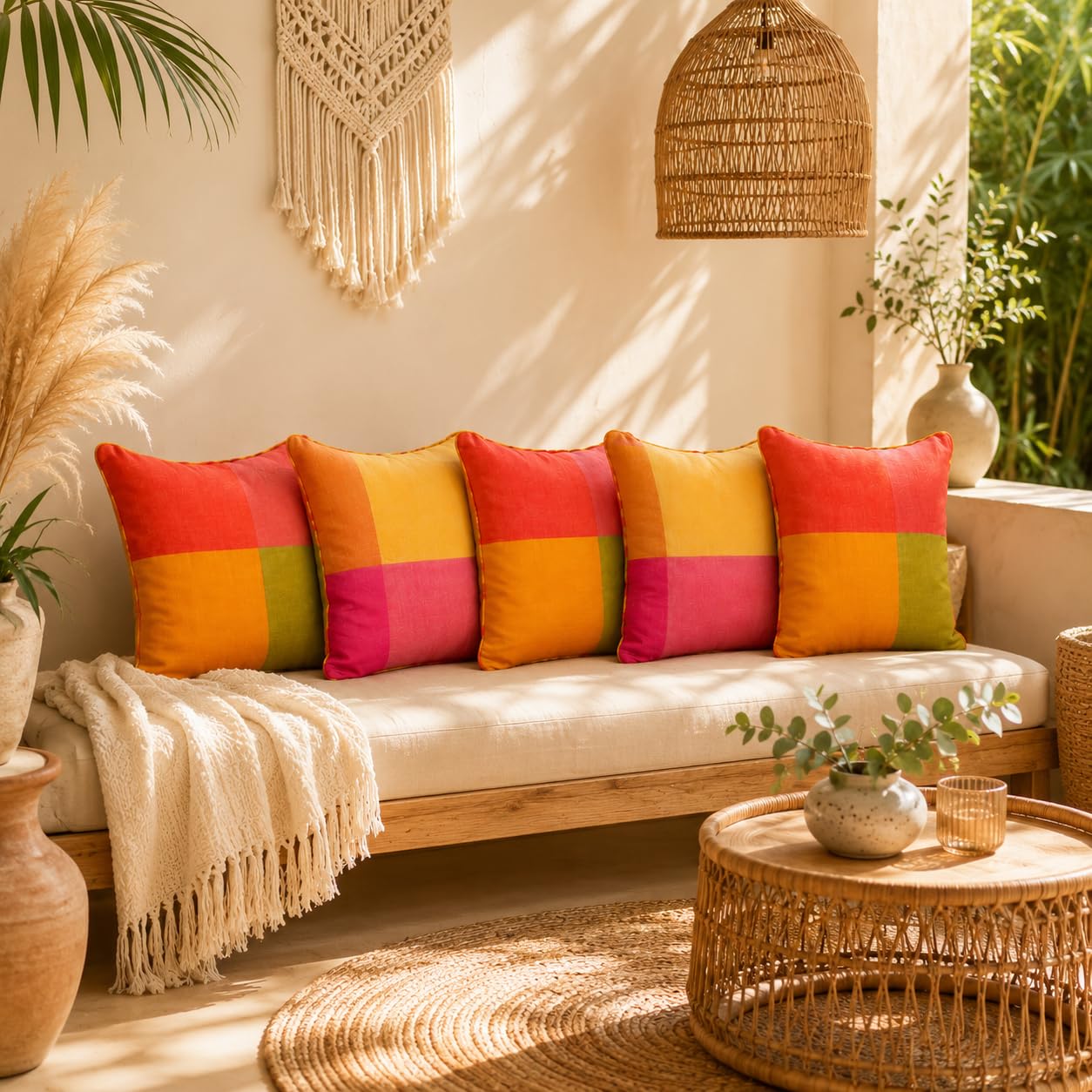 RANGBHAR Handloom 100% Cotton Cushion Cover Set of 5 | Cushion with All Around Piping for Premium Finish | 16x16 Inches Hand Woven Striped Cushion Covers | Yellow Mustard-image-20