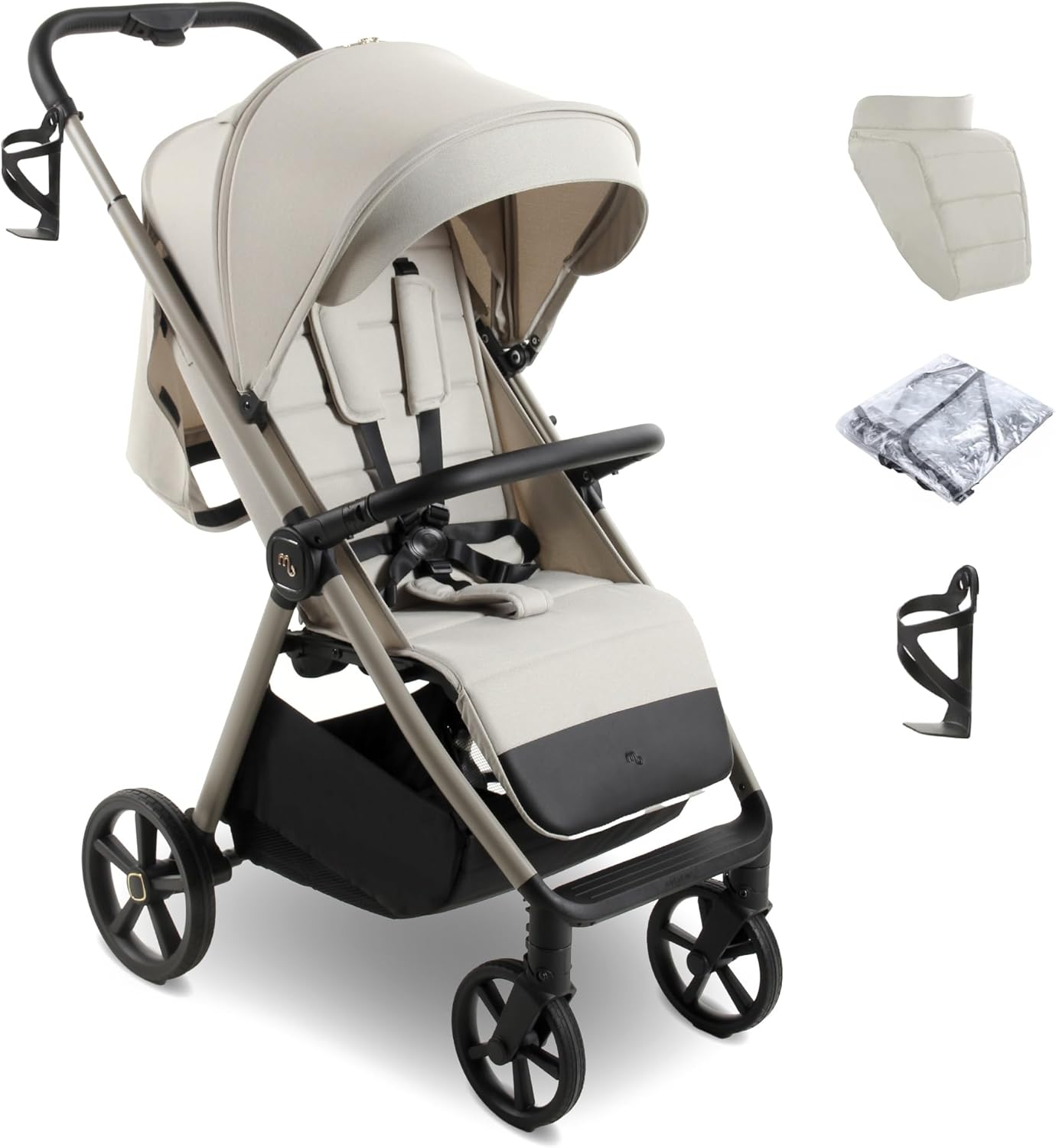 My Babiie MB170 Plus Pushchair – from Birth to 4 Years (22kg), 4-Wheel Suspension, Large Basket, XL Canopy, Foldable, Compact, Stroller with Footmuff, Cup Holder, Rain Cover – Ivory